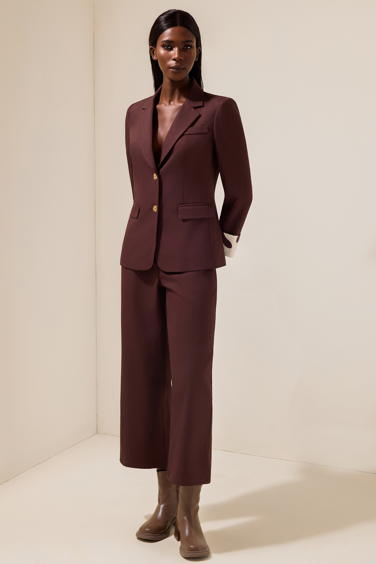 Metal Button Blazer & High Waist Pants Set With Belt