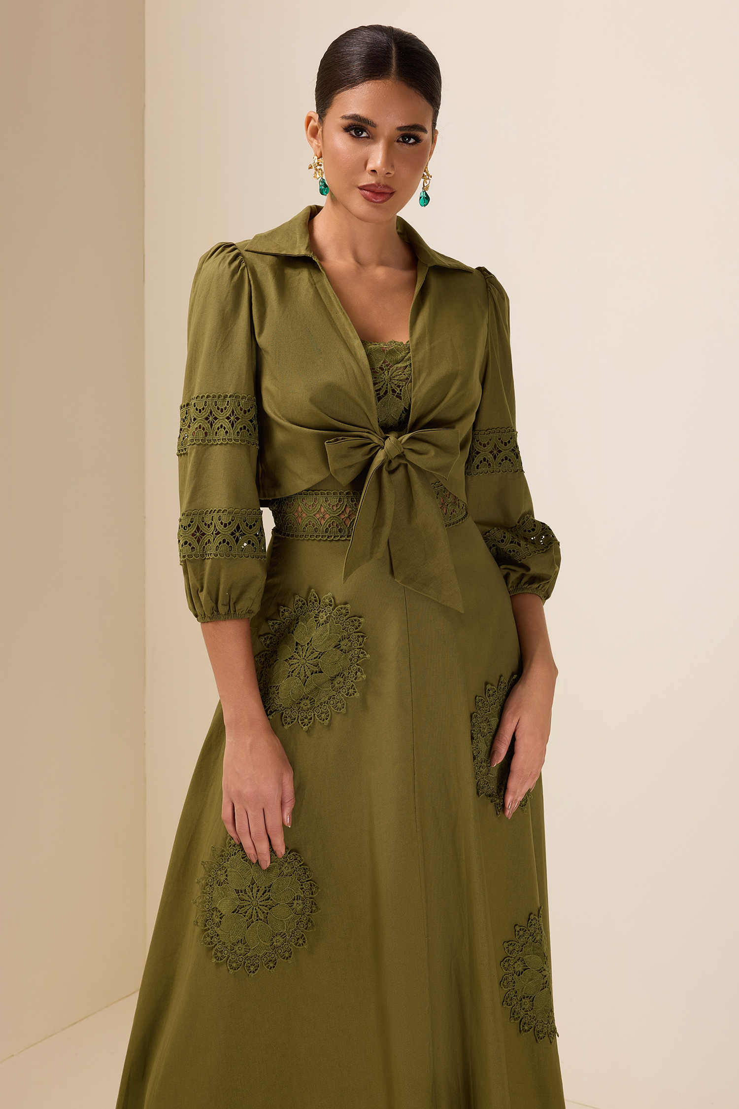 Lace Shirt Collar Lace Up Mini Top & Slip Midi Dress Set