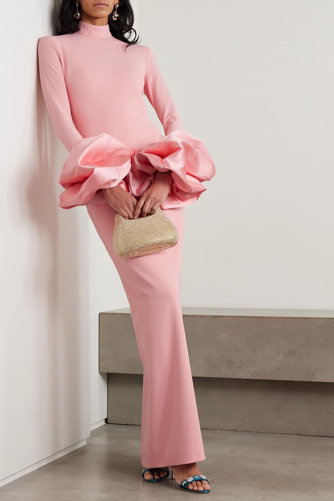 High Neck Faille-Trimmed Slit Midi Dress