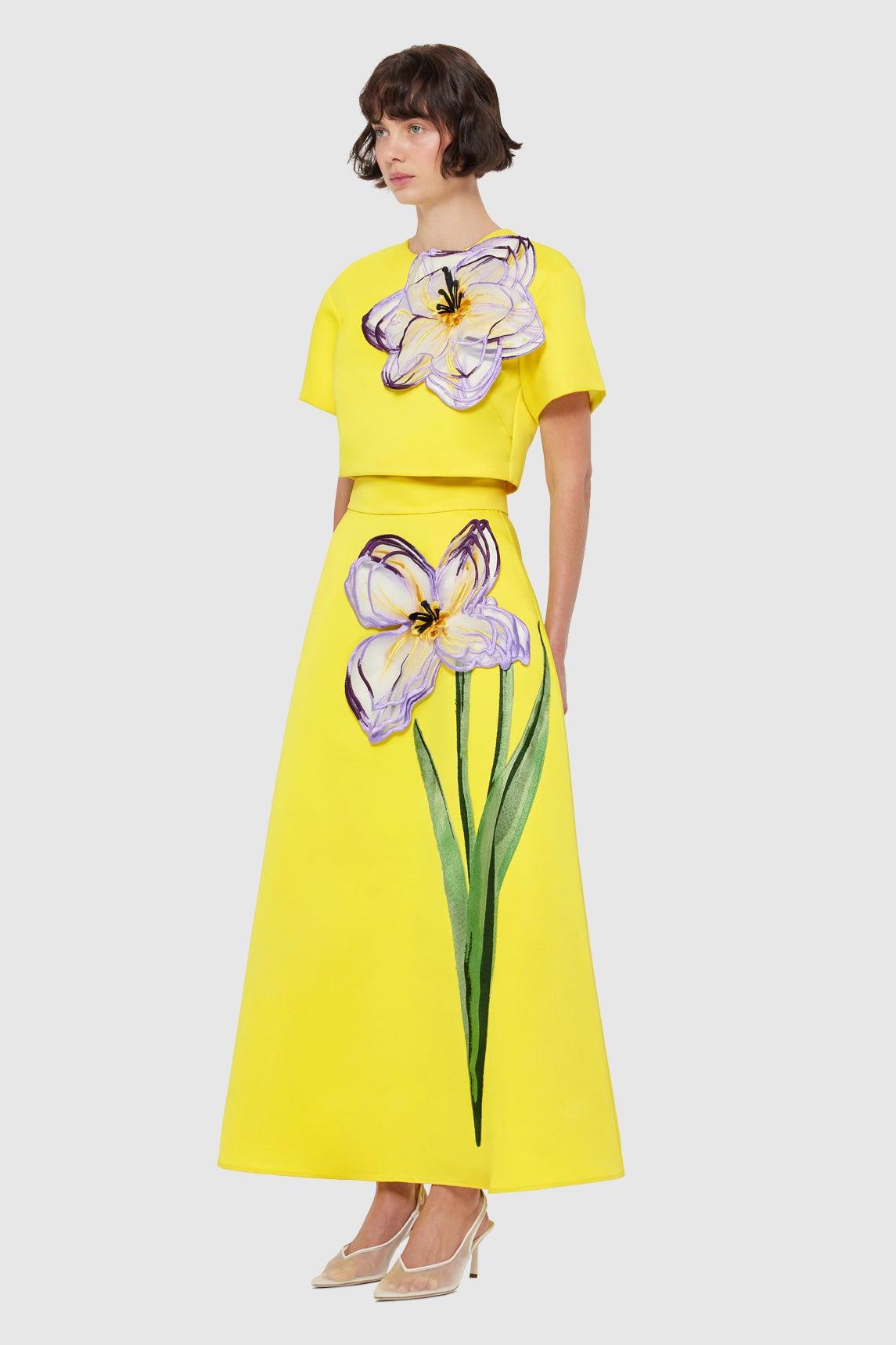 Appliquéd Round Neck Top & High Waist Skirt Set