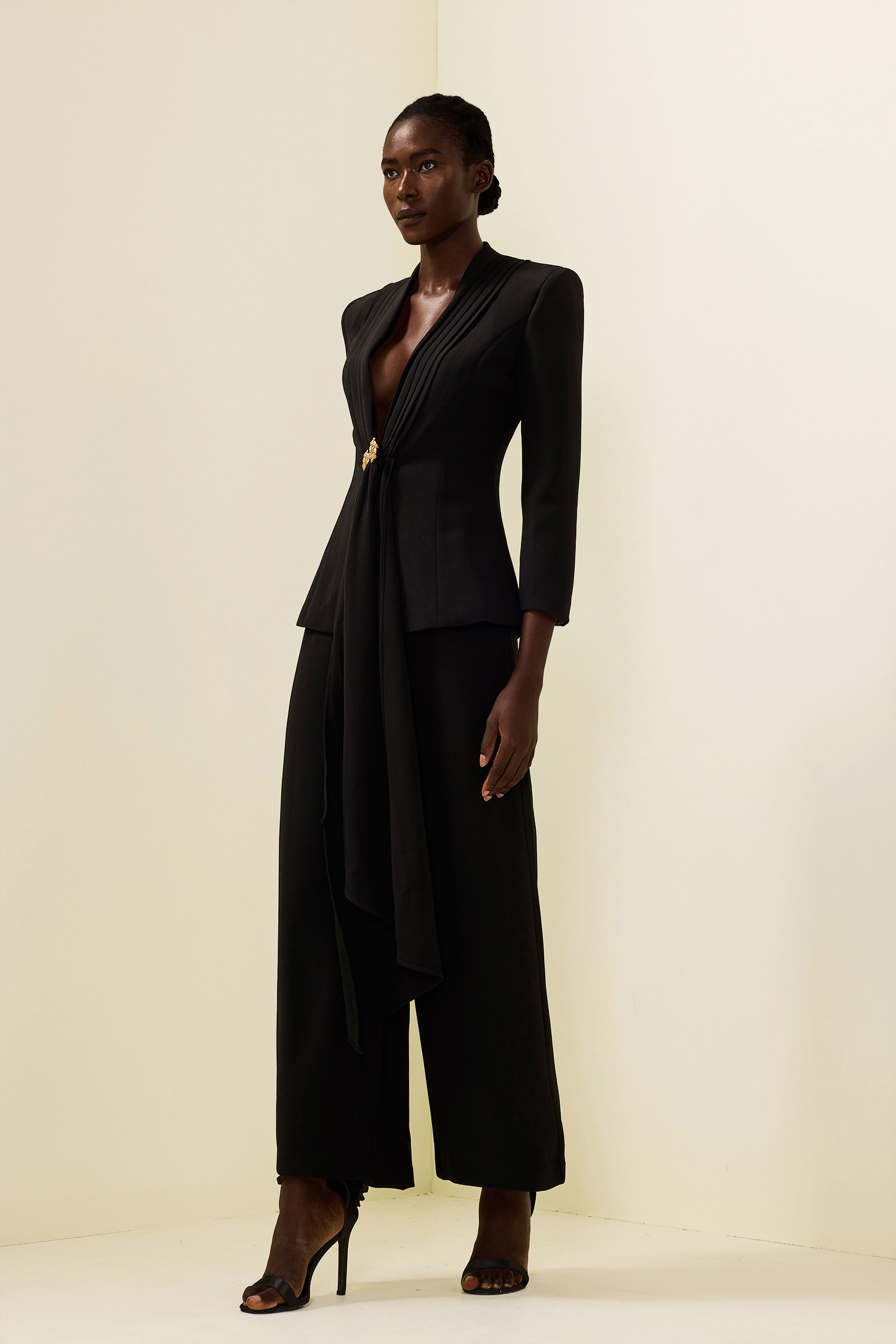 Solid Ruched Bottom Blazer ＆ Mid Waist Solid Pants Set