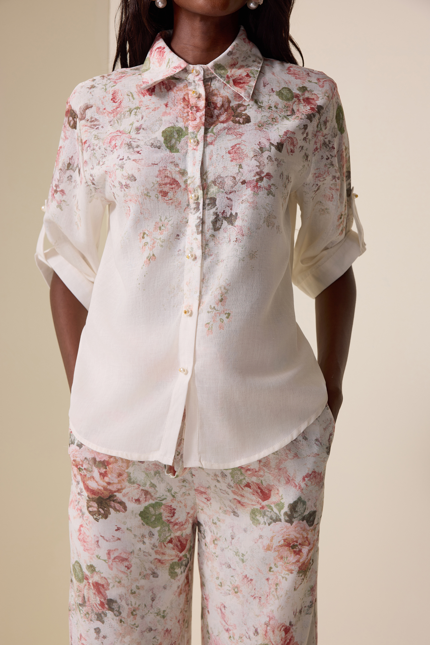 Floral Shirt Collar Short Sleeve Top & High Waist Pants Set
