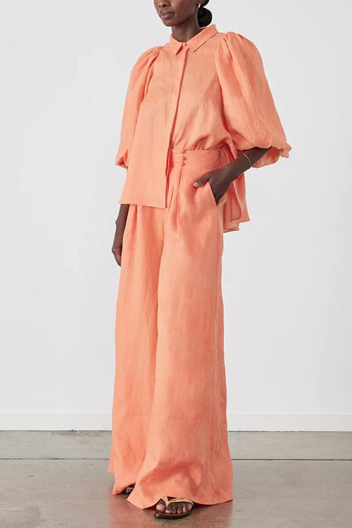 Solid Puff Sleeve Top & Mid Waist Loose Pants Set