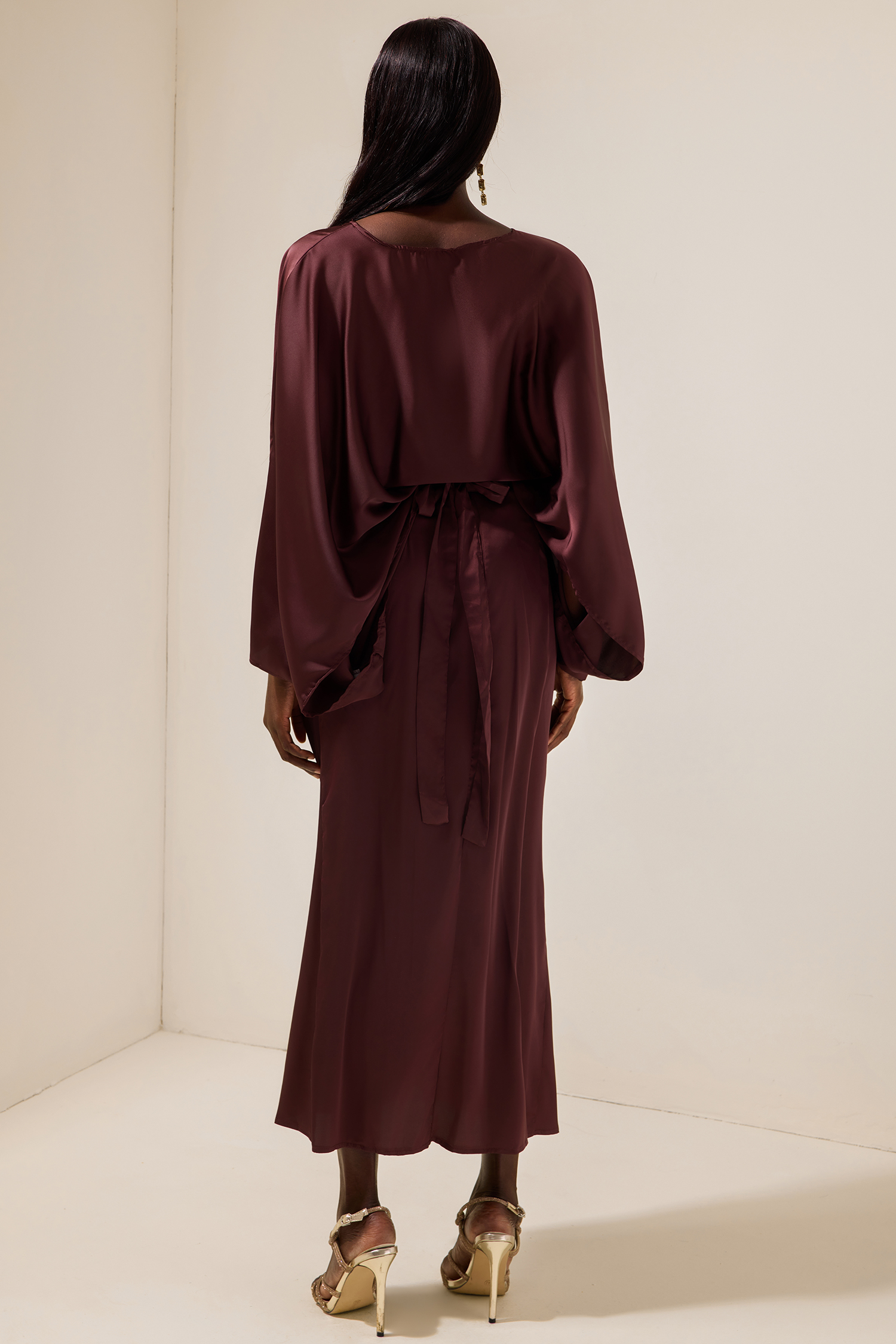 Satin Batwing Sleeve Top & Wrap Dress Midi Skirt Set