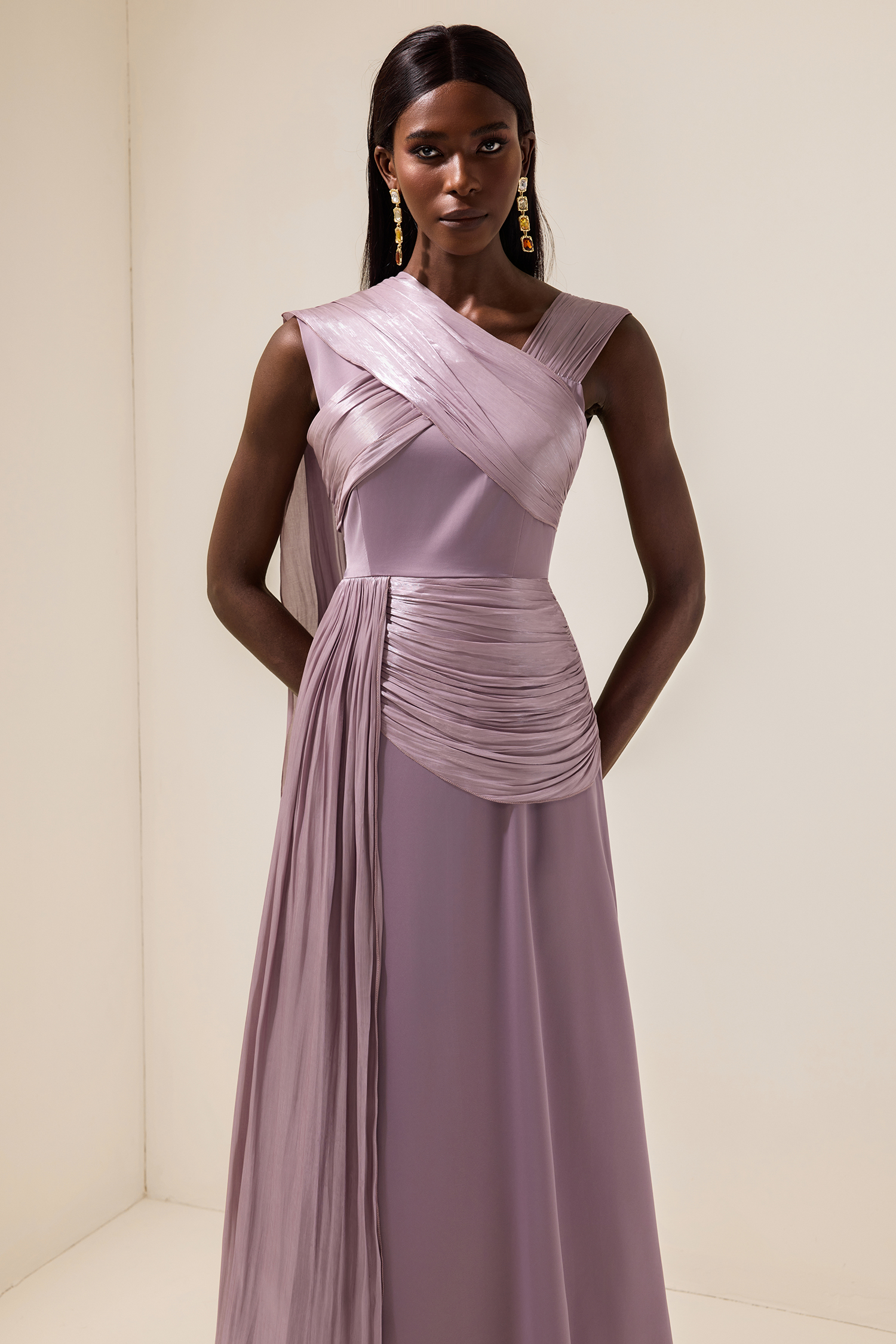 Satin Gathering Cape Sleeve Midi Dress