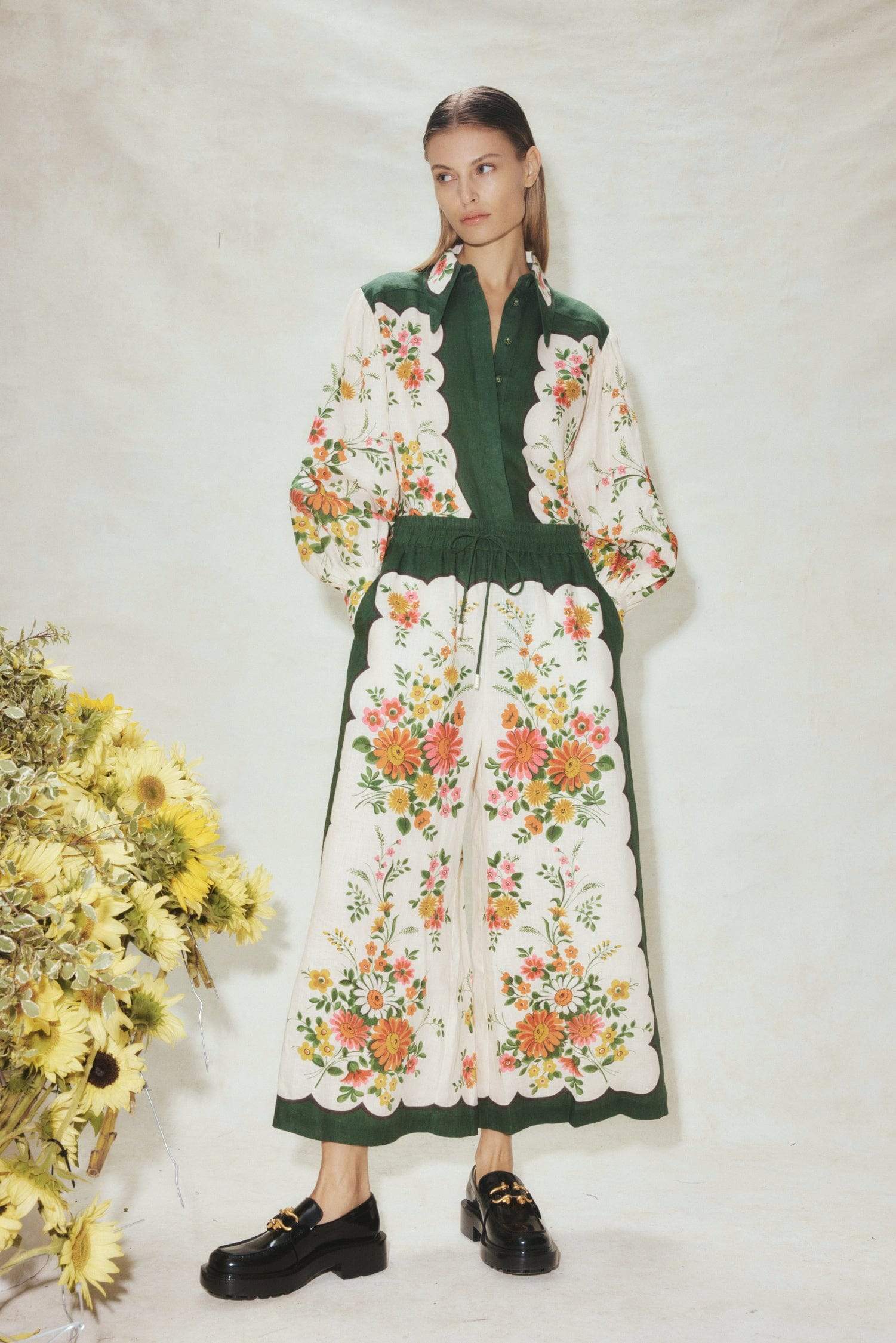 Floral Lantern Sleeve Lapel Buckle Shirt & Long Loose Pants Set