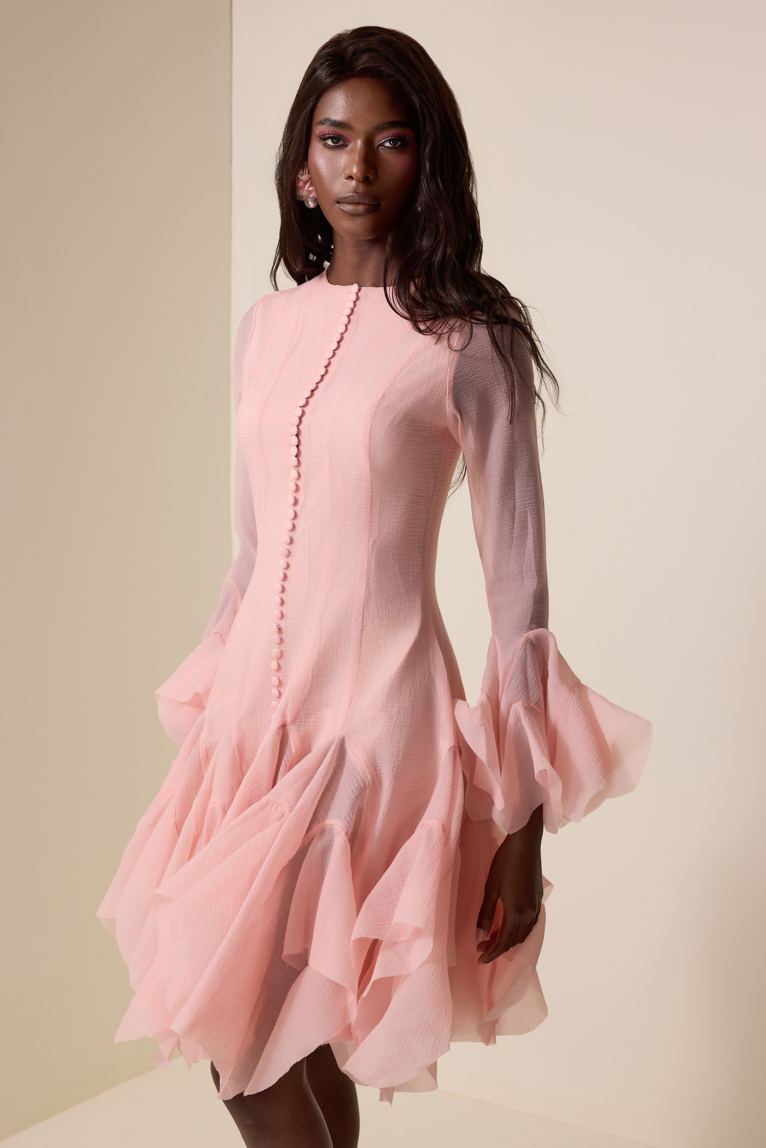 Solid Ruffle Bell Sleeve Midi Dress