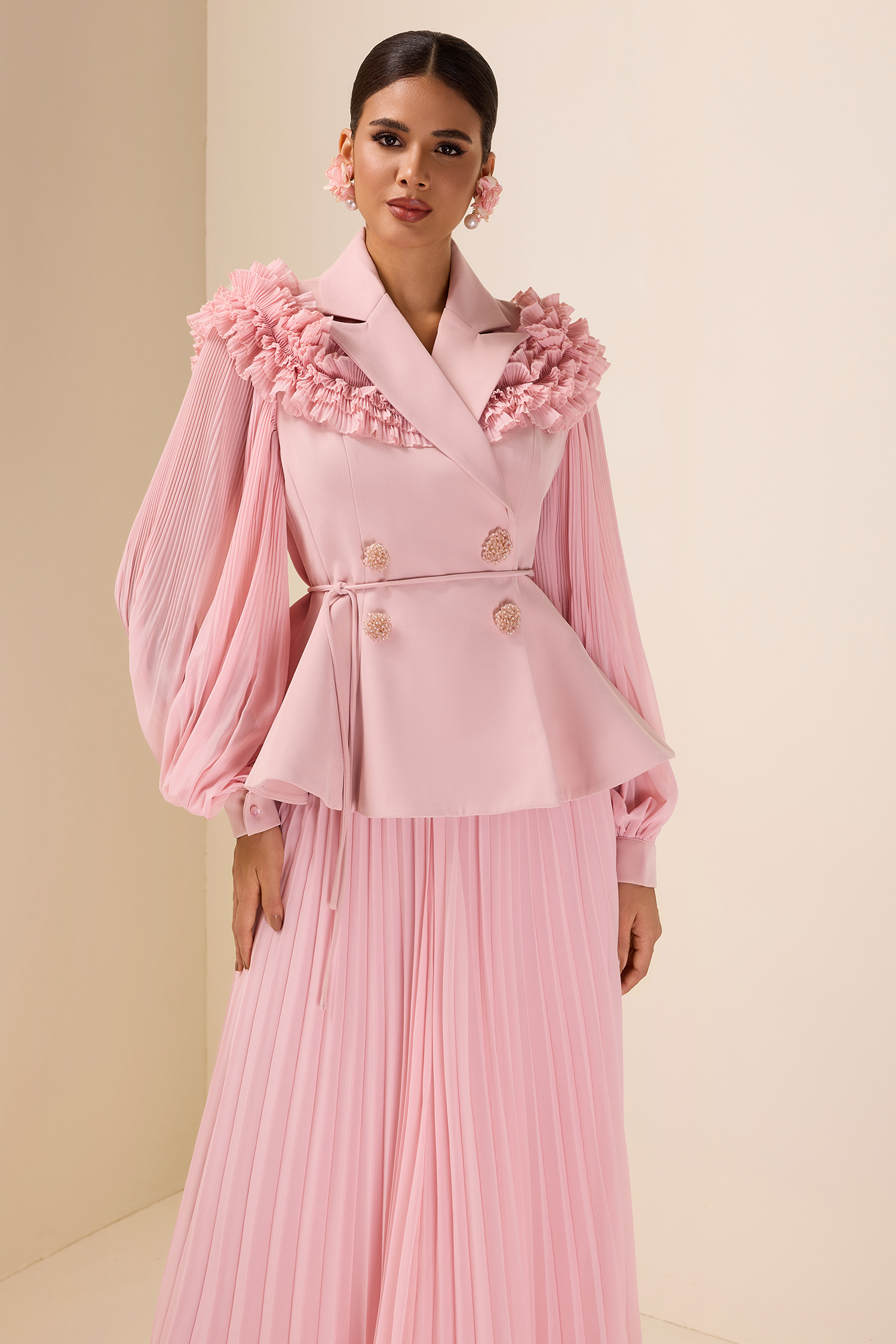 Frill Tailored Collar Pleated Top & Maxi Skirt Set