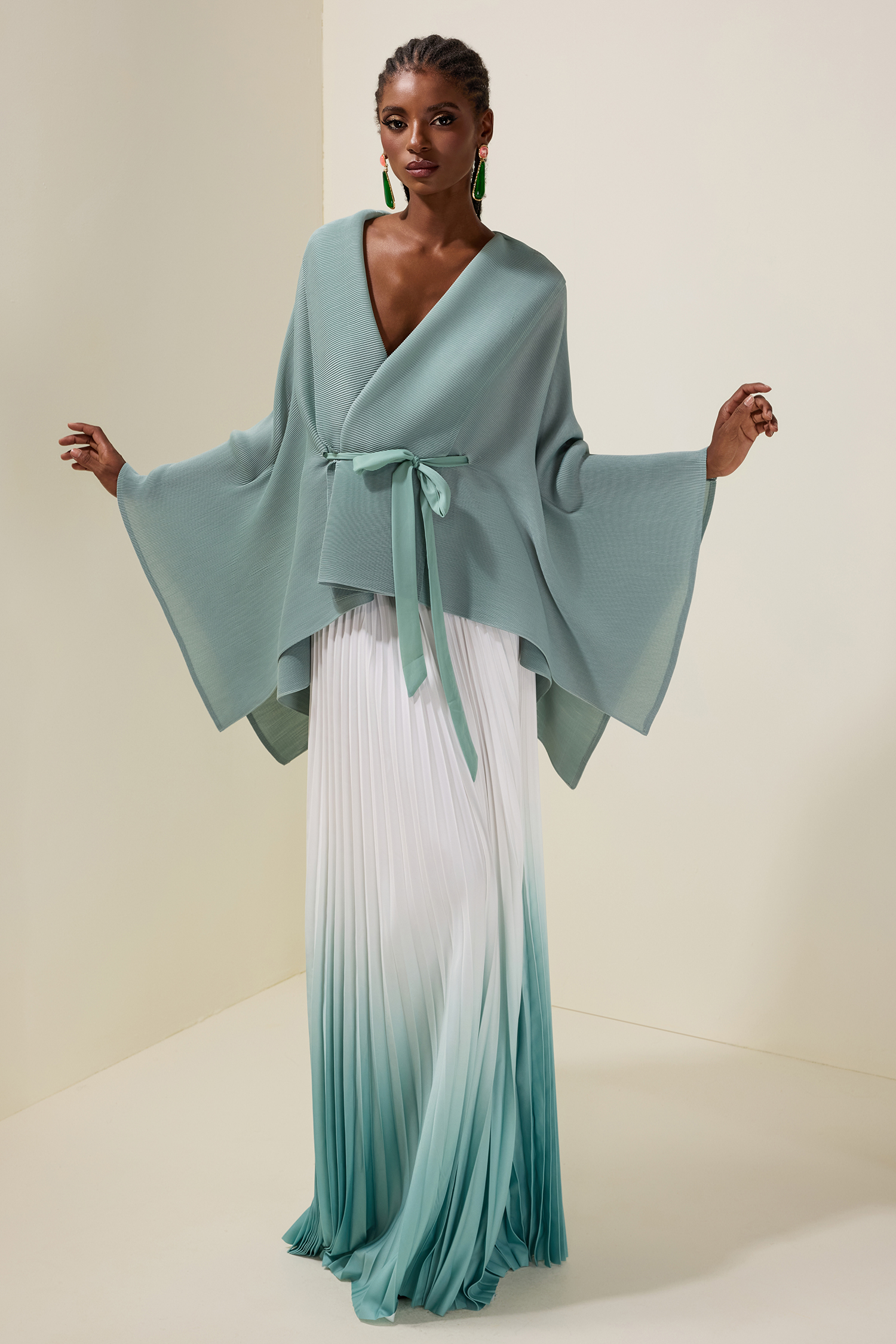 Pleated Wrap Top & Gradient Color Mid Waist Skirt Set