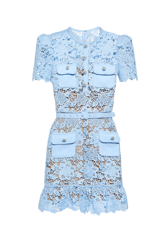 Lace Round Neck Button Mini Dress With Belt