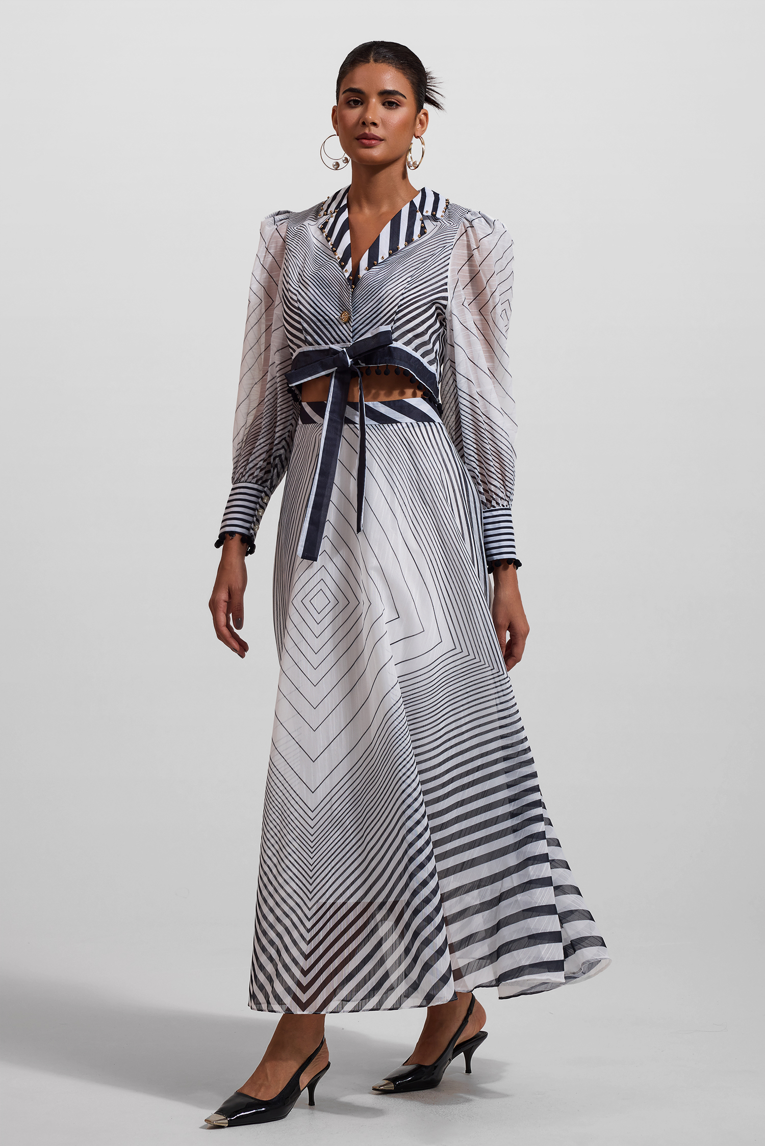 Stripe Lace Up Long Sleeve Top & Mid Waist Pleat Midi Skirt Set