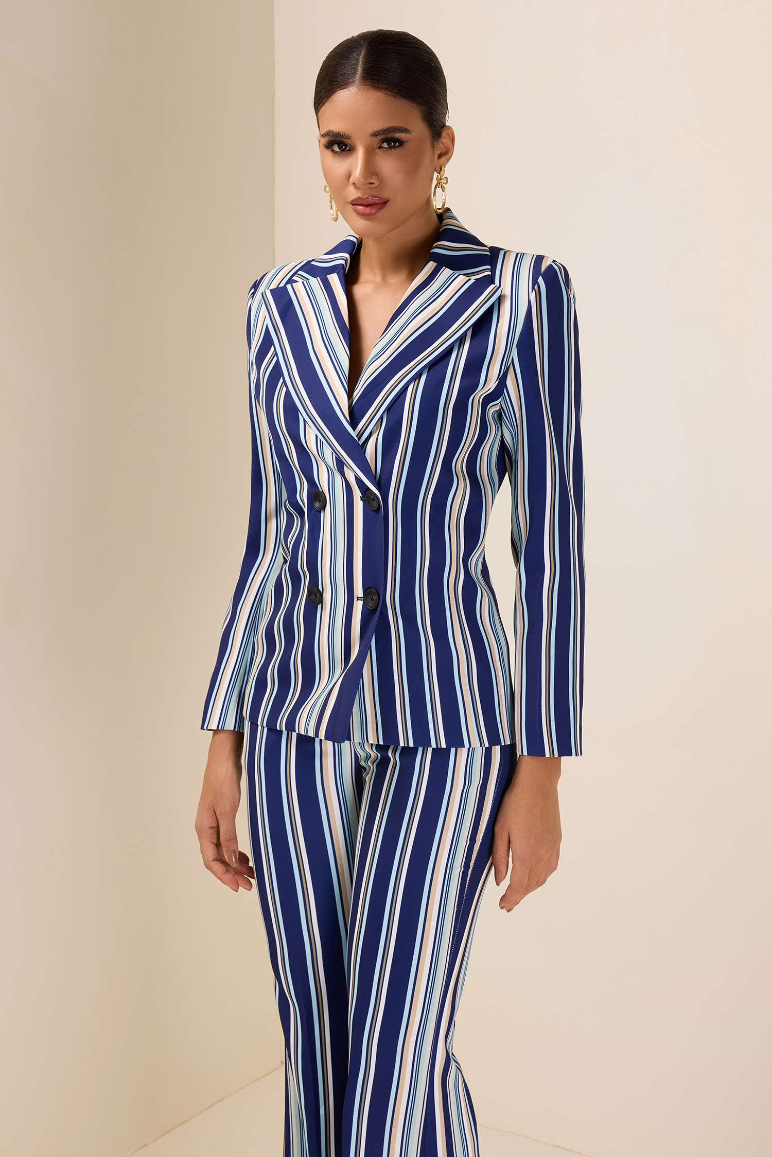 Stripe Button Blazer & High Waist Pocket Pants Set