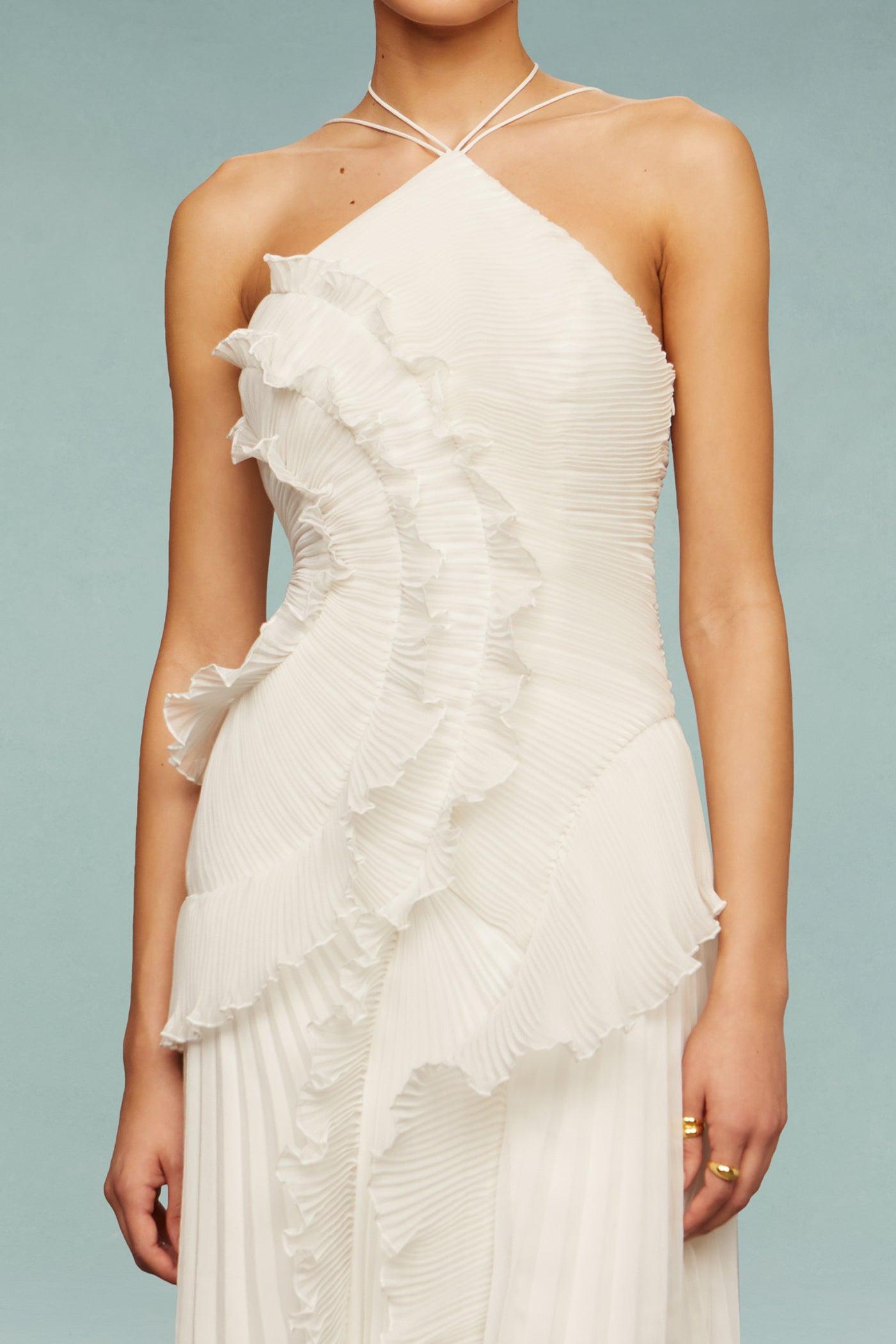 Pleated Frill Halter Neck Midi Dress