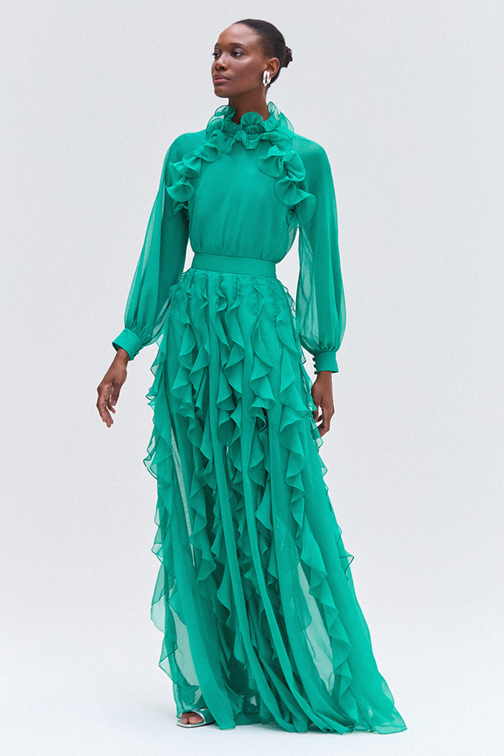 Chiffon Frill Top & High Waist Maxi Skirt Set