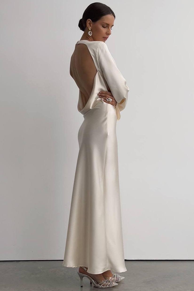 Satin Backless Knotted Bell Sleeve Midi Dress