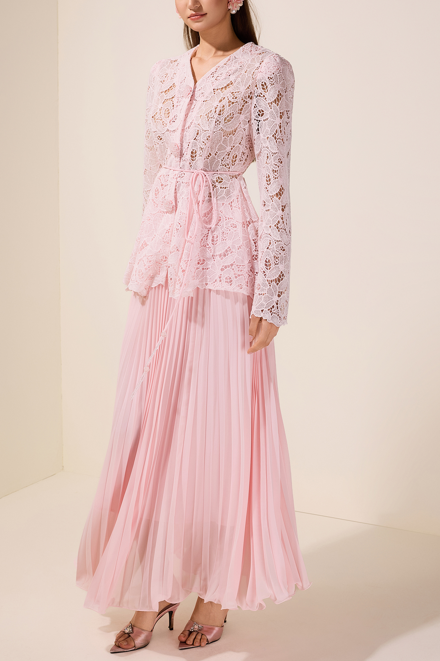 Lace Rhinestone Top With Belt & High Waist Pleated Maxi Skirt Set