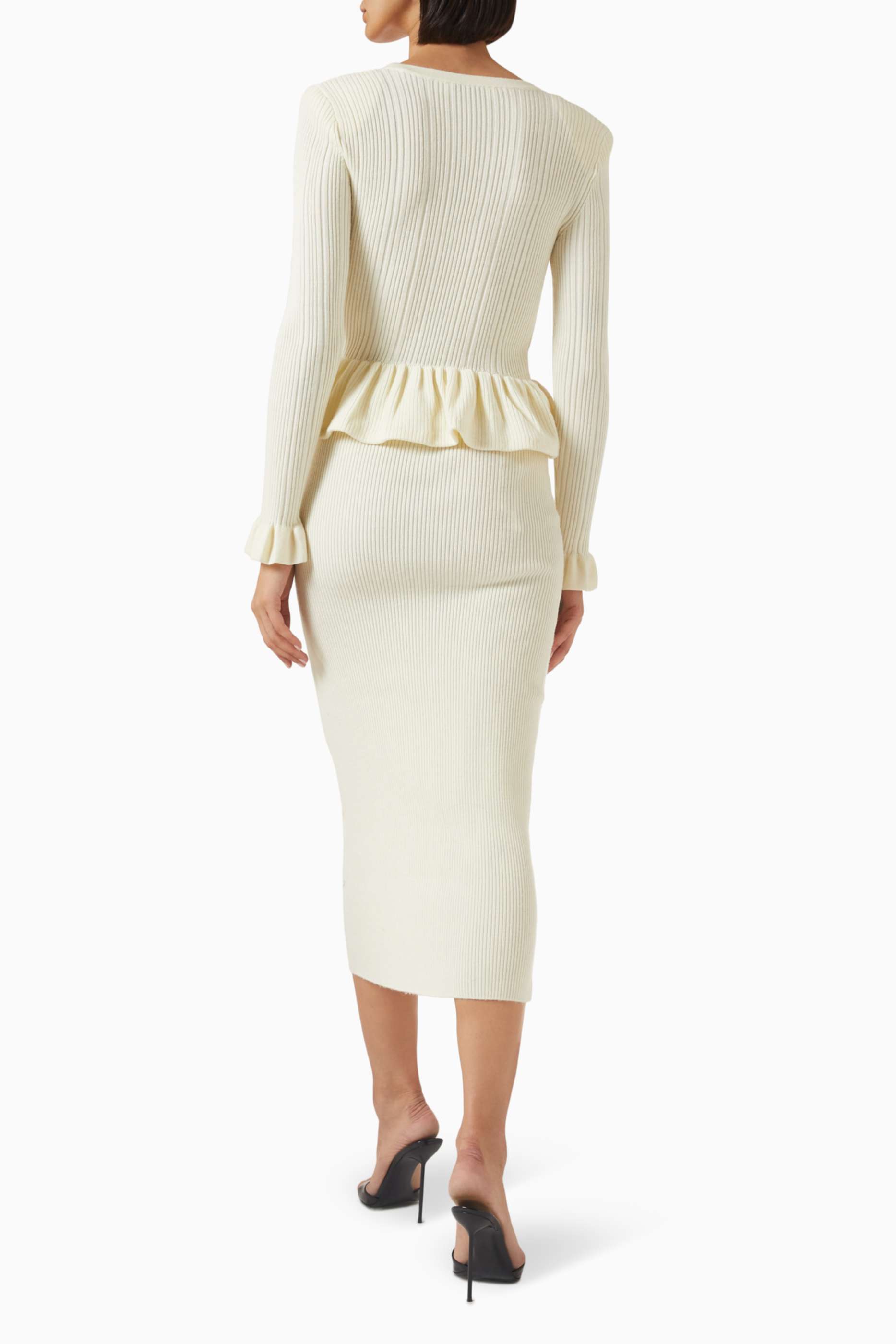 Knit Ruffle Button Top & High Waist Midi Skirt Set