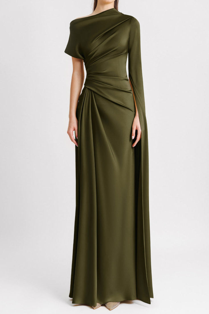 Satin Asymmetrical Neckline Draped Maxi Dress