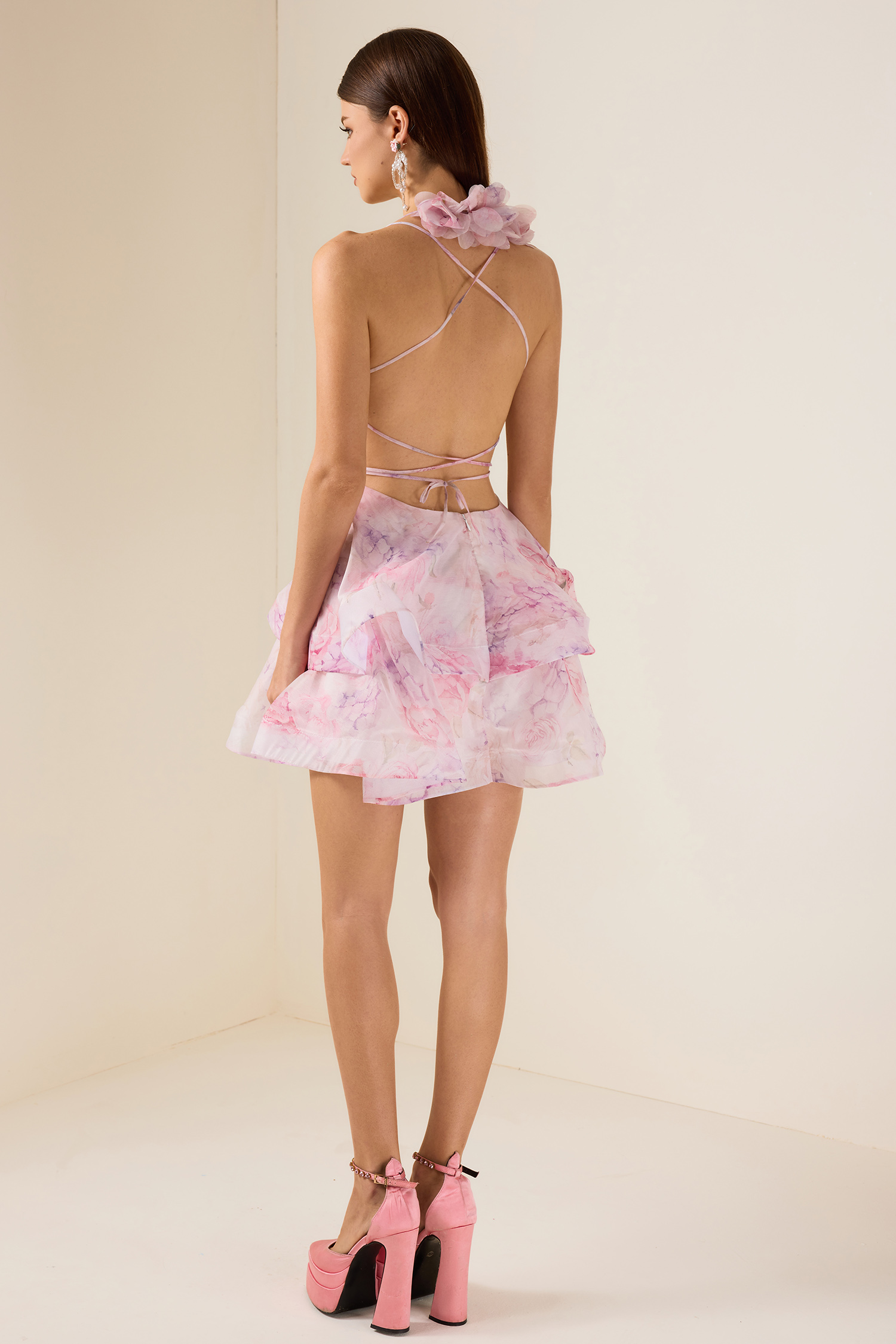 3D Flower Chiffon Ruffle Mini Dress