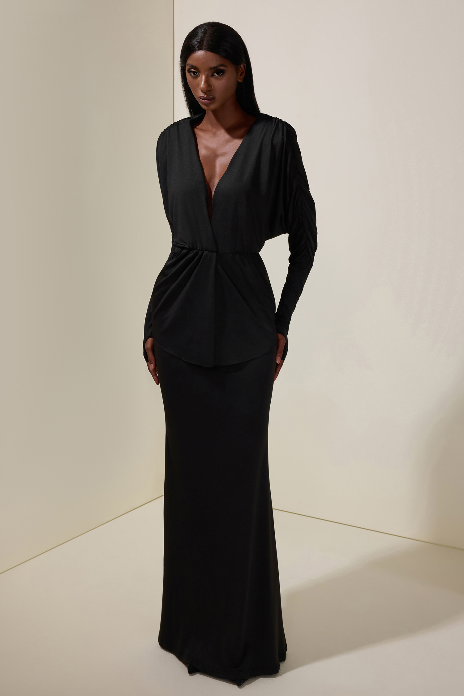 Jersey V-Neck Gathering Top & High Waist Maxi Skirt Set