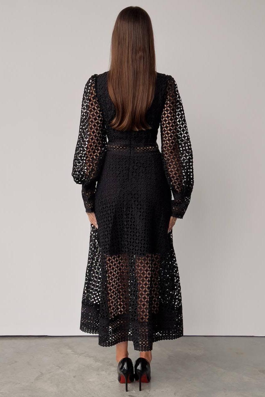 Solid Lace Lantern Sleeve Midi Dress