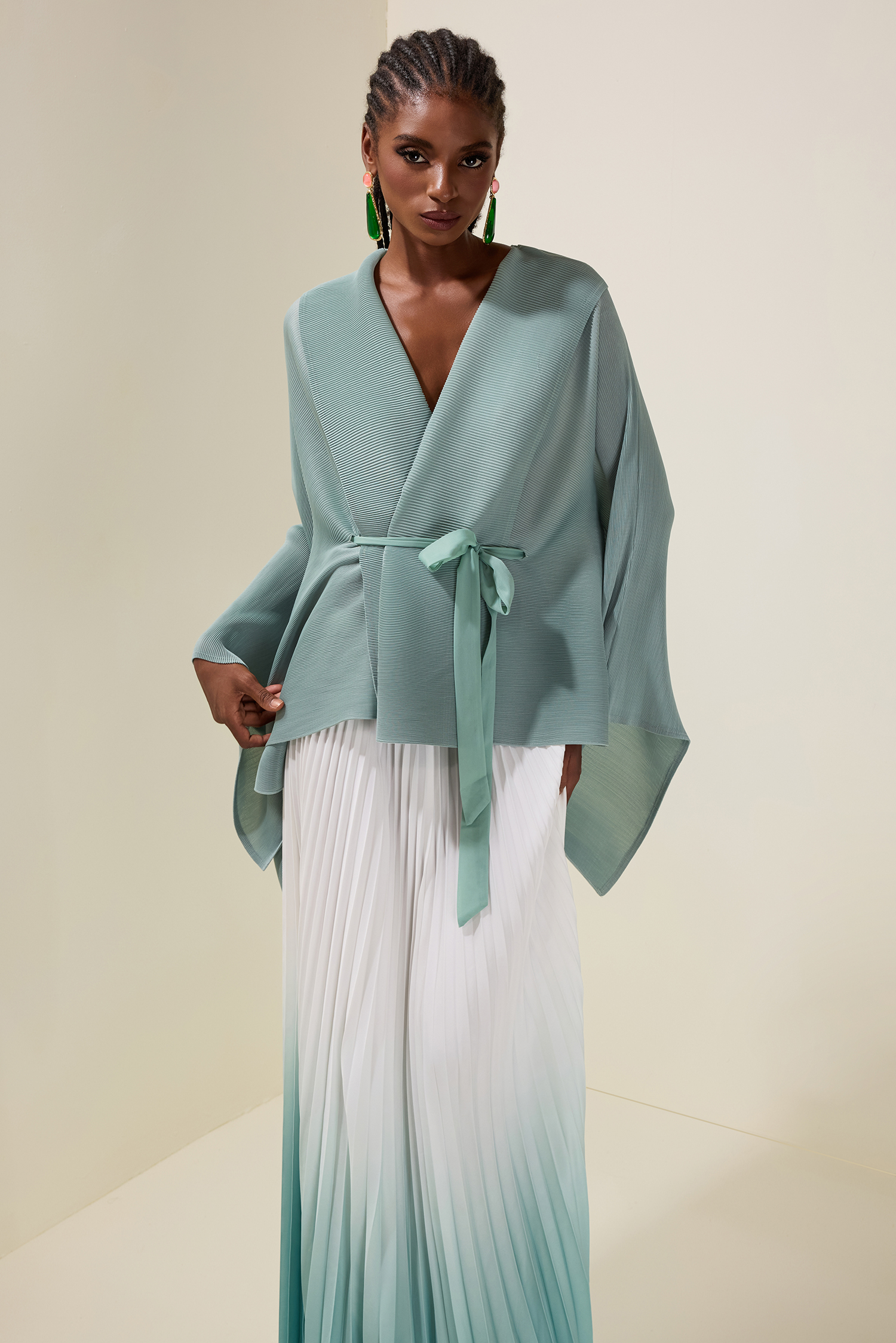 Pleated Wrap Top & Gradient Color Mid Waist Skirt Set