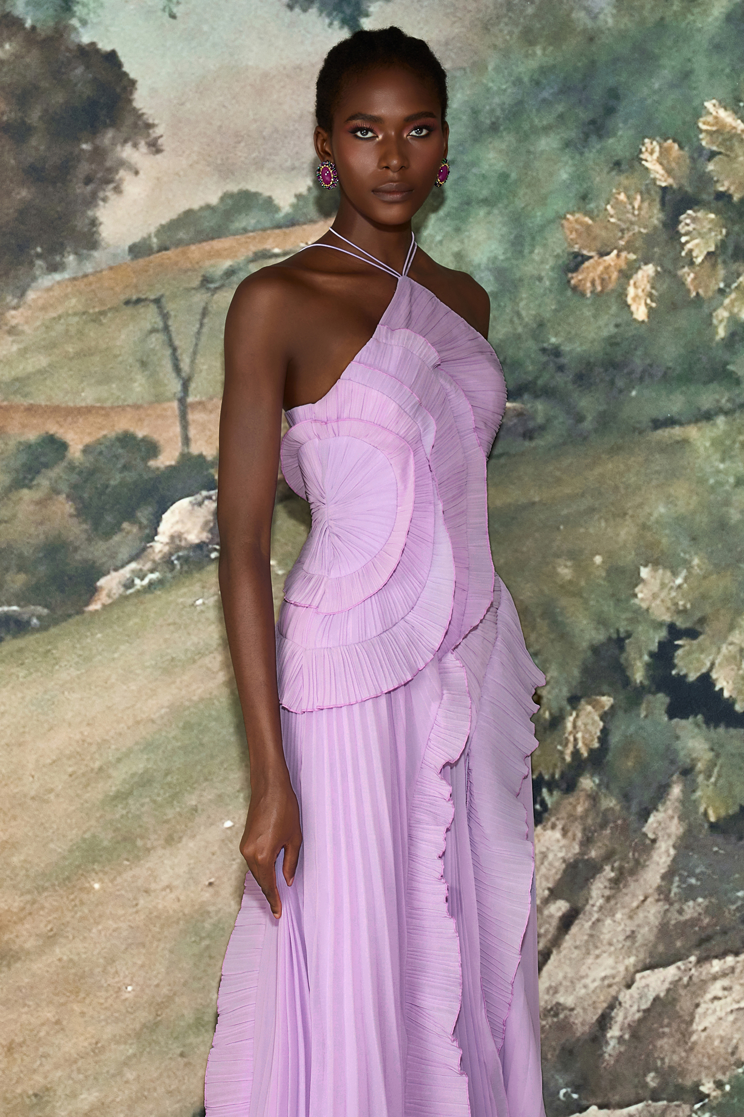 Pleated Frill Halter Neck Midi Dress