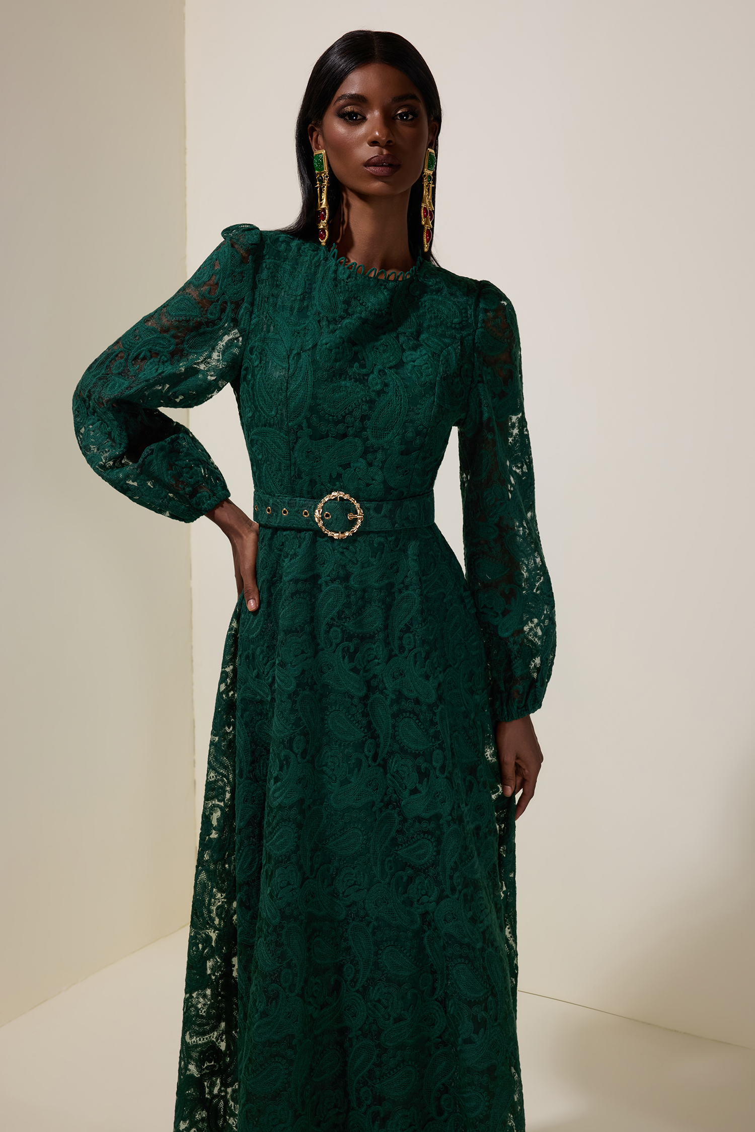 Lace Round Neck Midi Dress With Belt