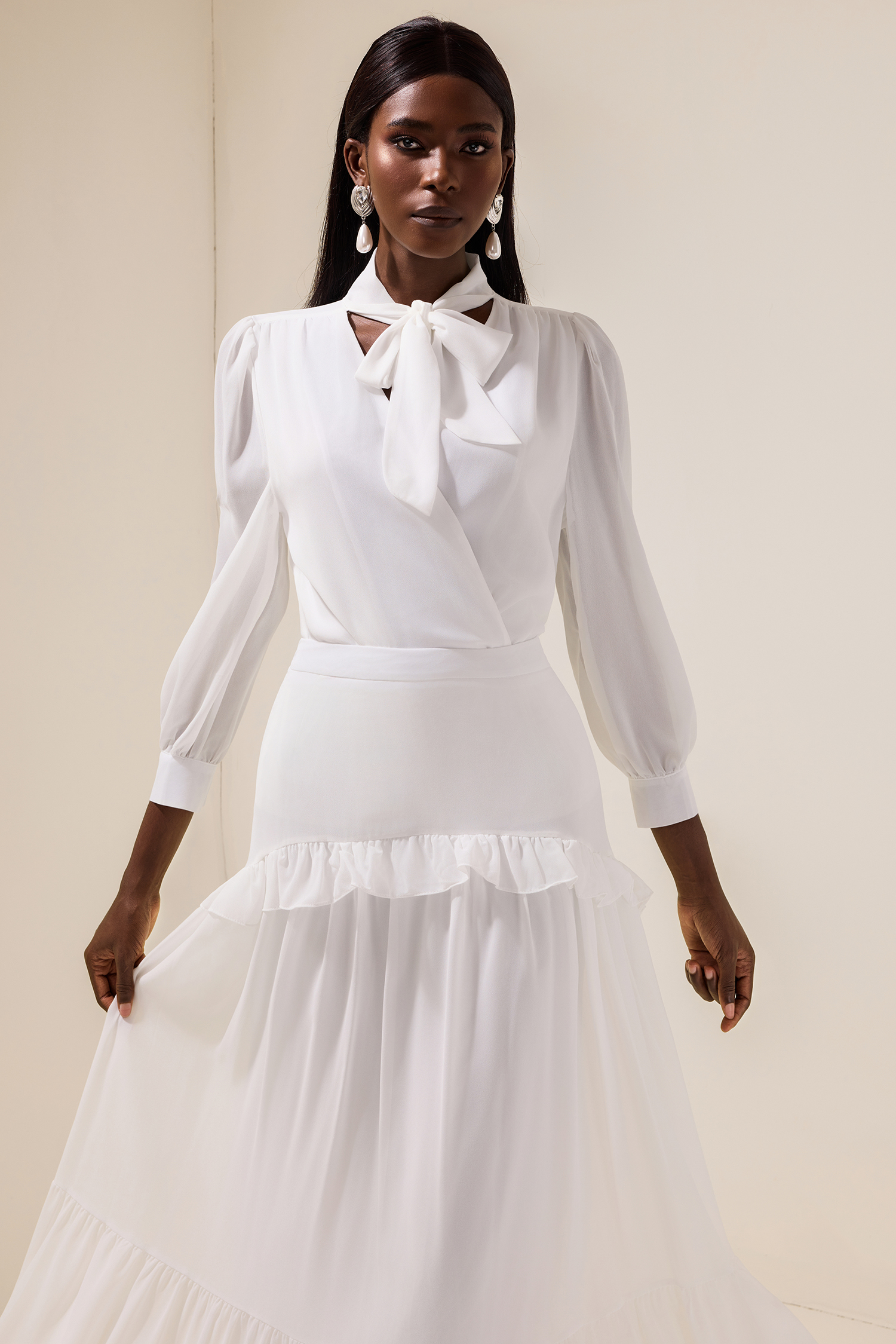 Chiffon Puff Sleeve V-Neck Top & Ruffle Mid Waist Skirt Set