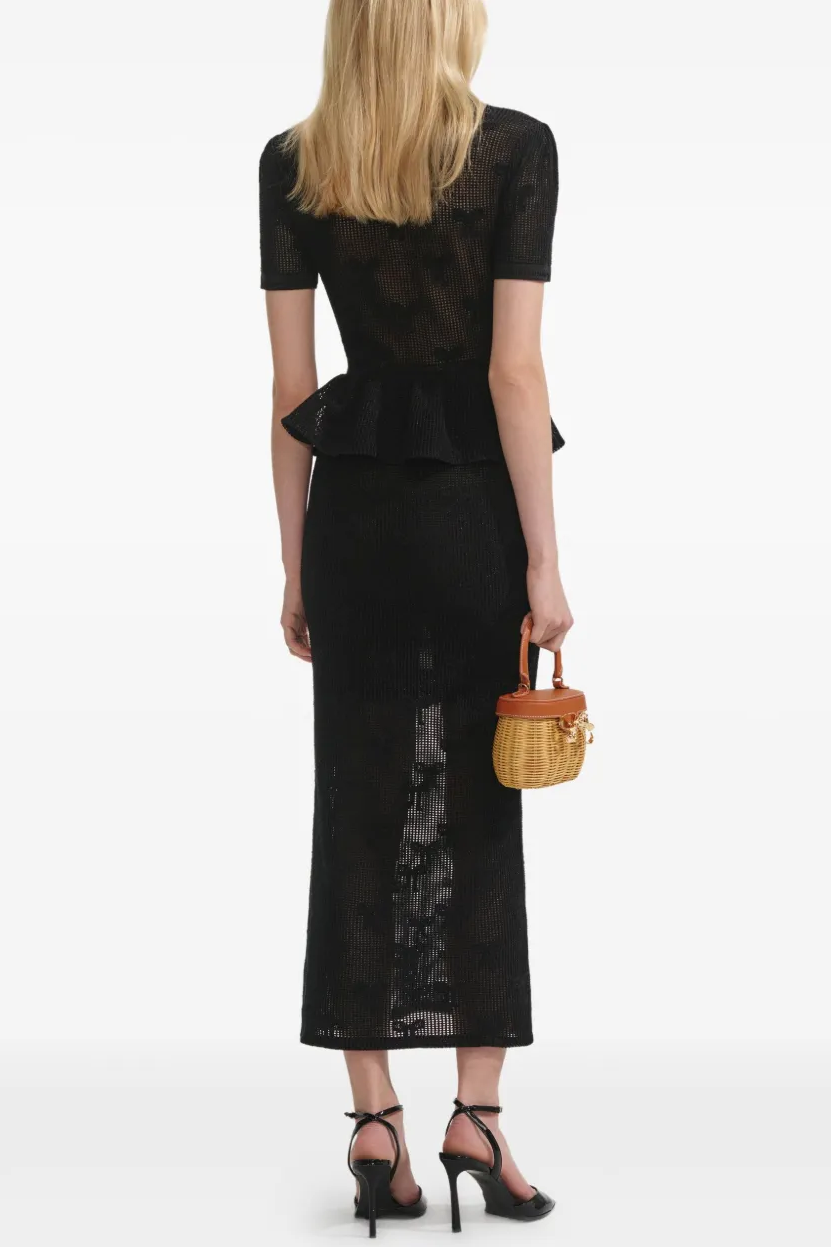 Metal Button Ruffle Top & High Waist Midi Skirt Set