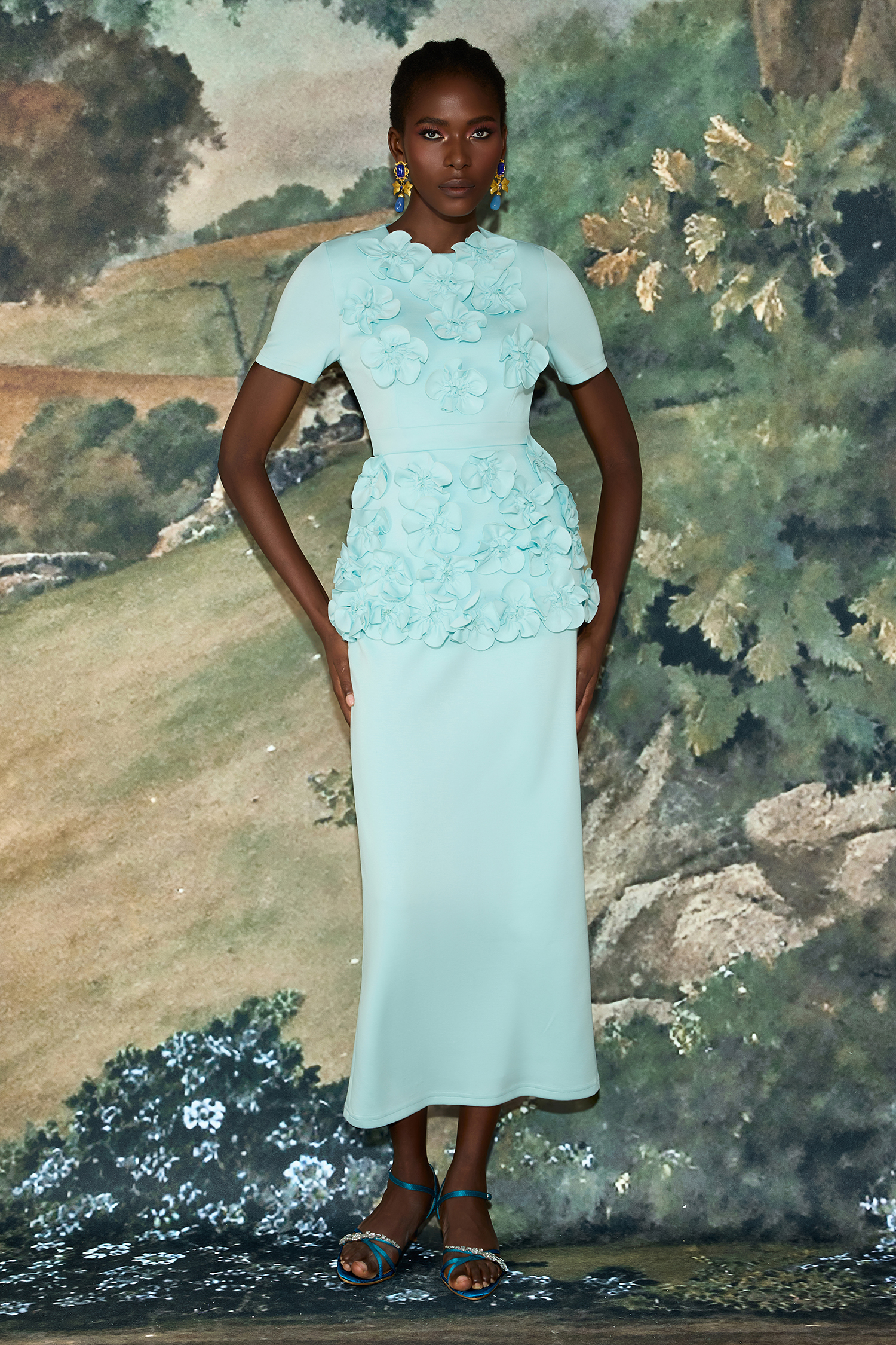 3D Flower Round Neck Short Sleeve Top & Mid Waist Midi Skirt Set