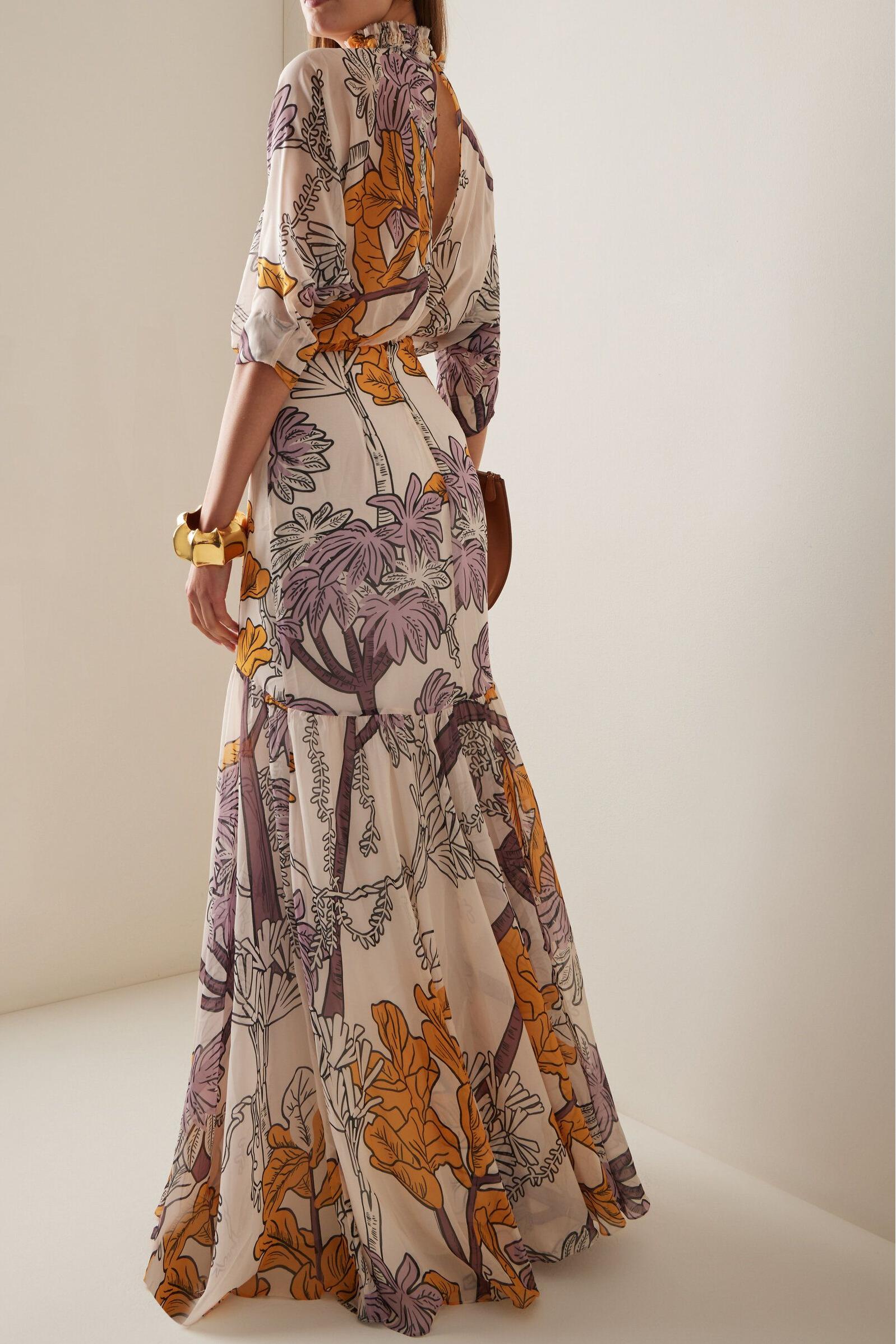 Chiffon Botanical Print Frill Maxi Dress