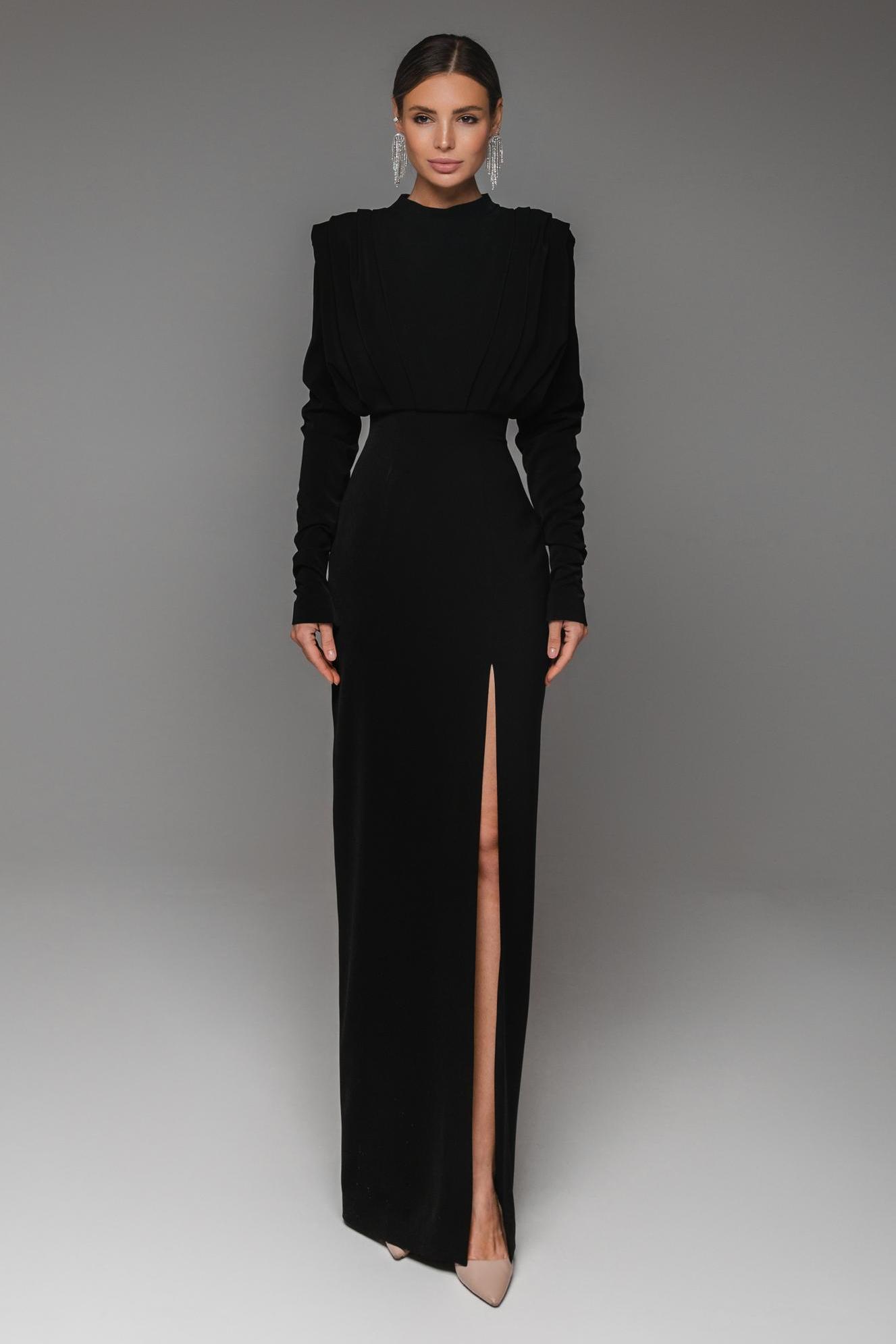 Solid High Split Long Sleeve Midi Dress