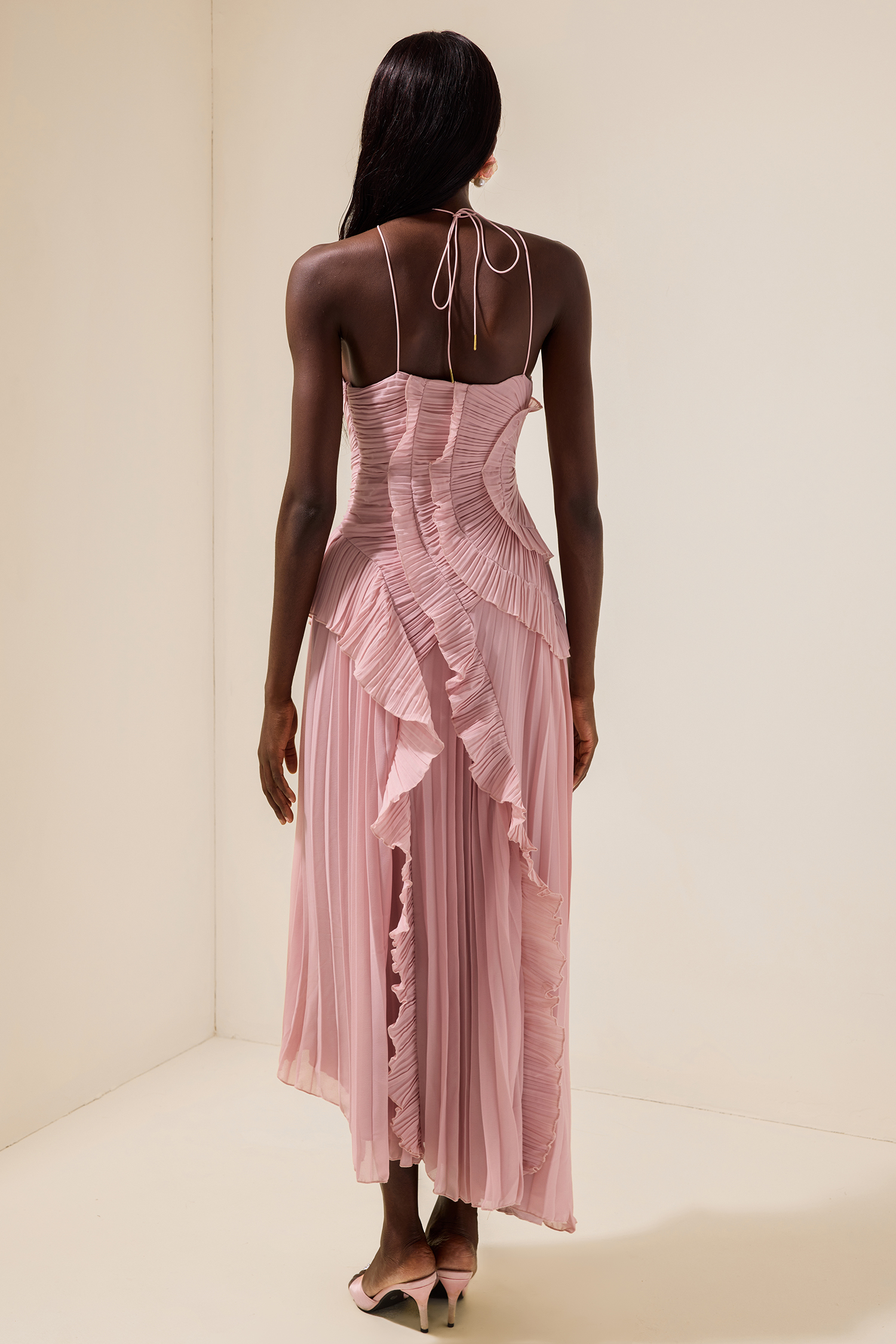 Pleated Frill Halter Neck Midi Dress