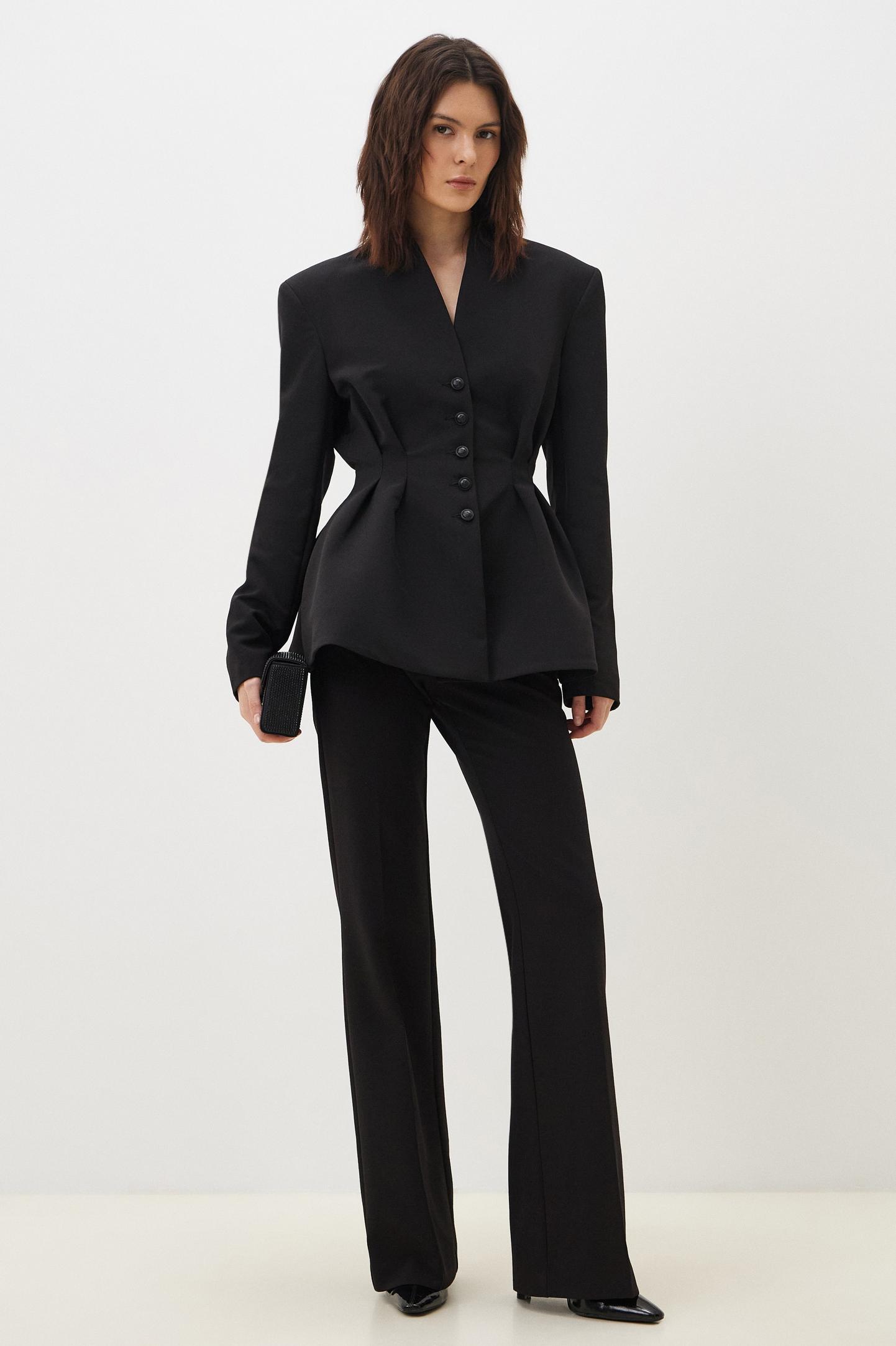Ruched Button Blazer & Mid Waist Pants Set
