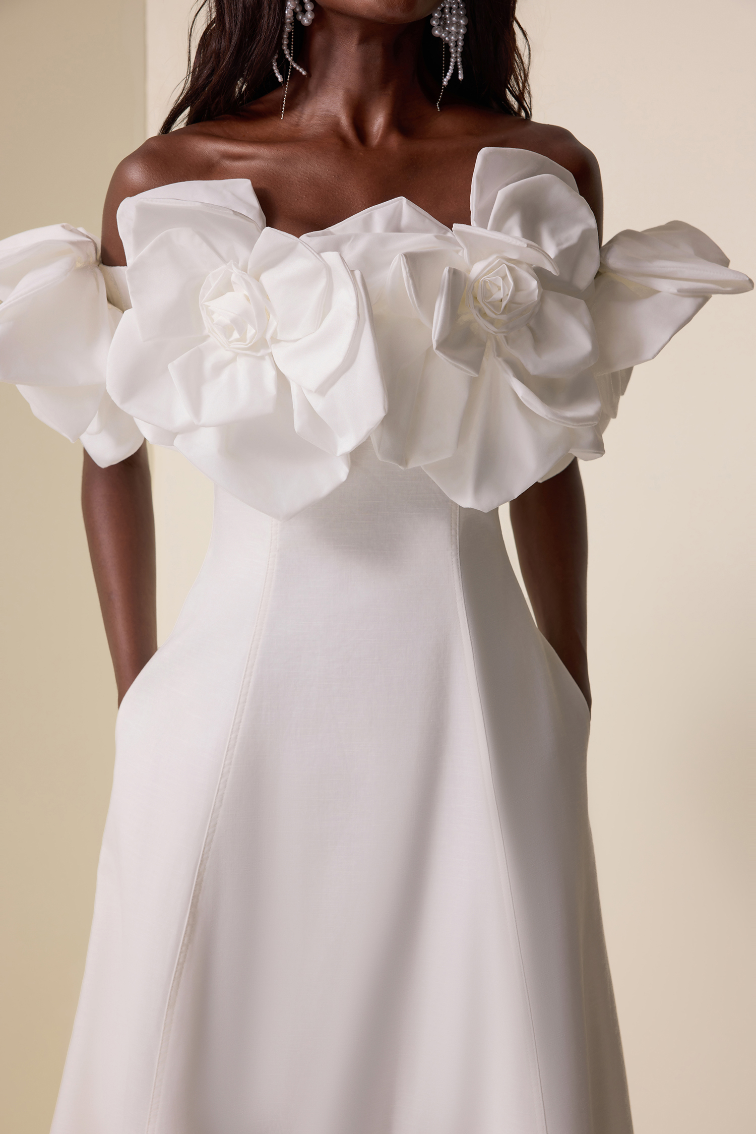 3D Flower Solid Off-Shoulder Midi Dress