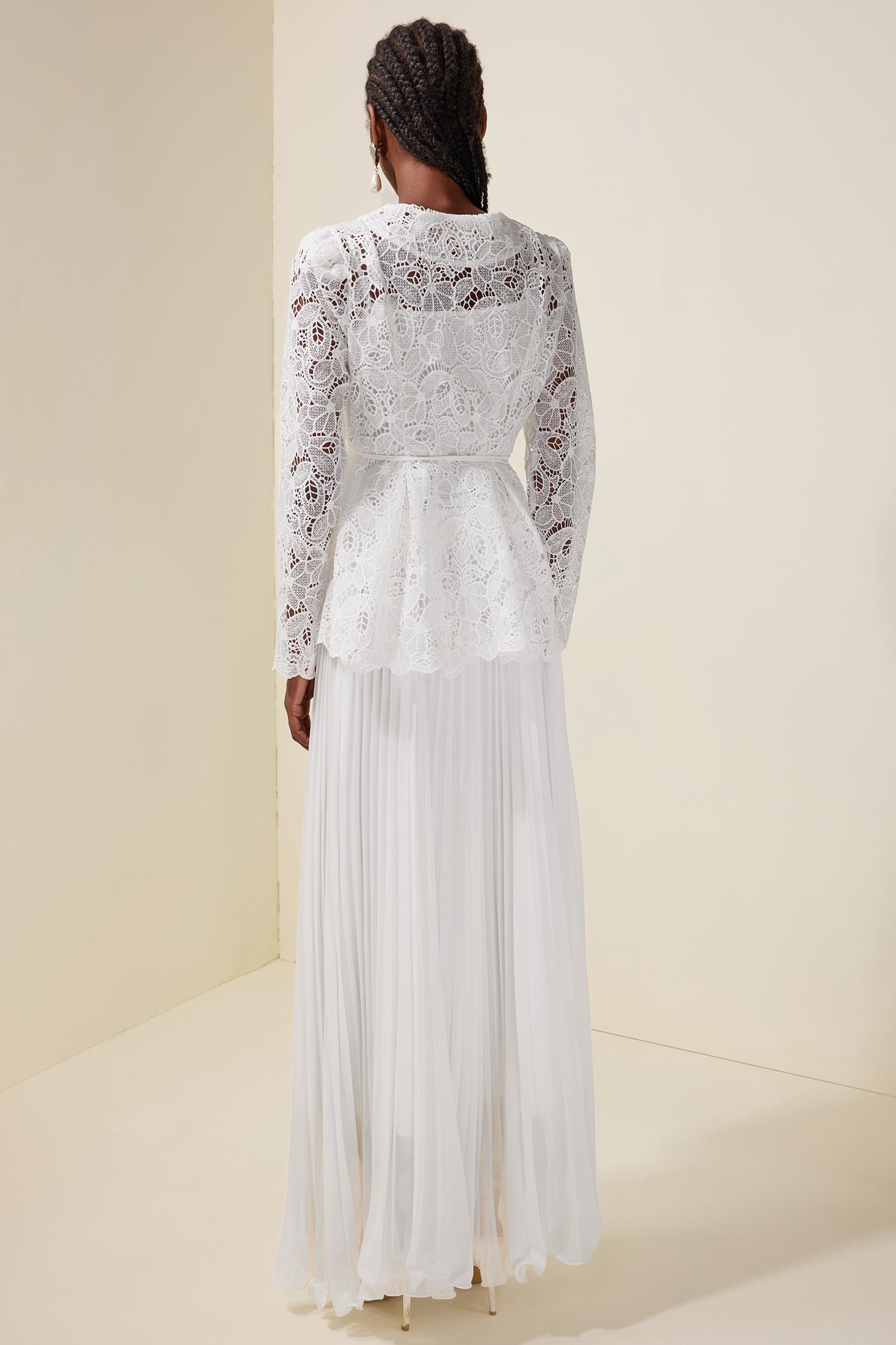 Lace Rhinestone Top With Belt & High Waist Pleated Maxi Skirt Set