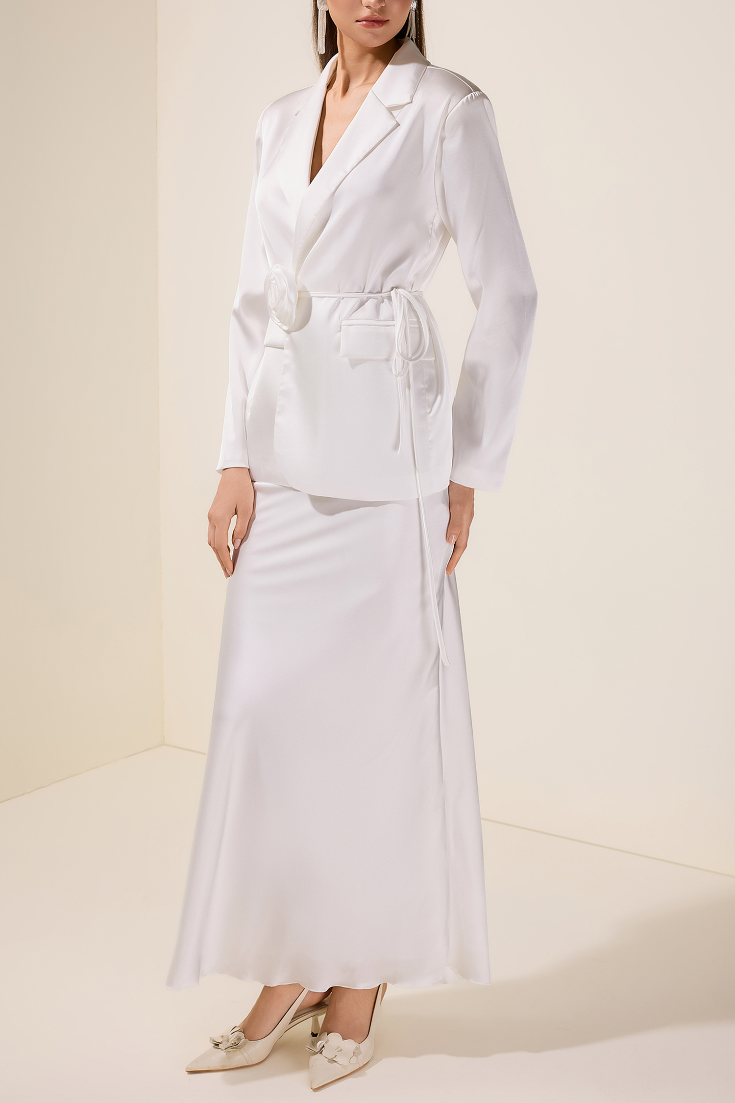 3D Flower Satin Blazer & High Waist Maxi Skirt set