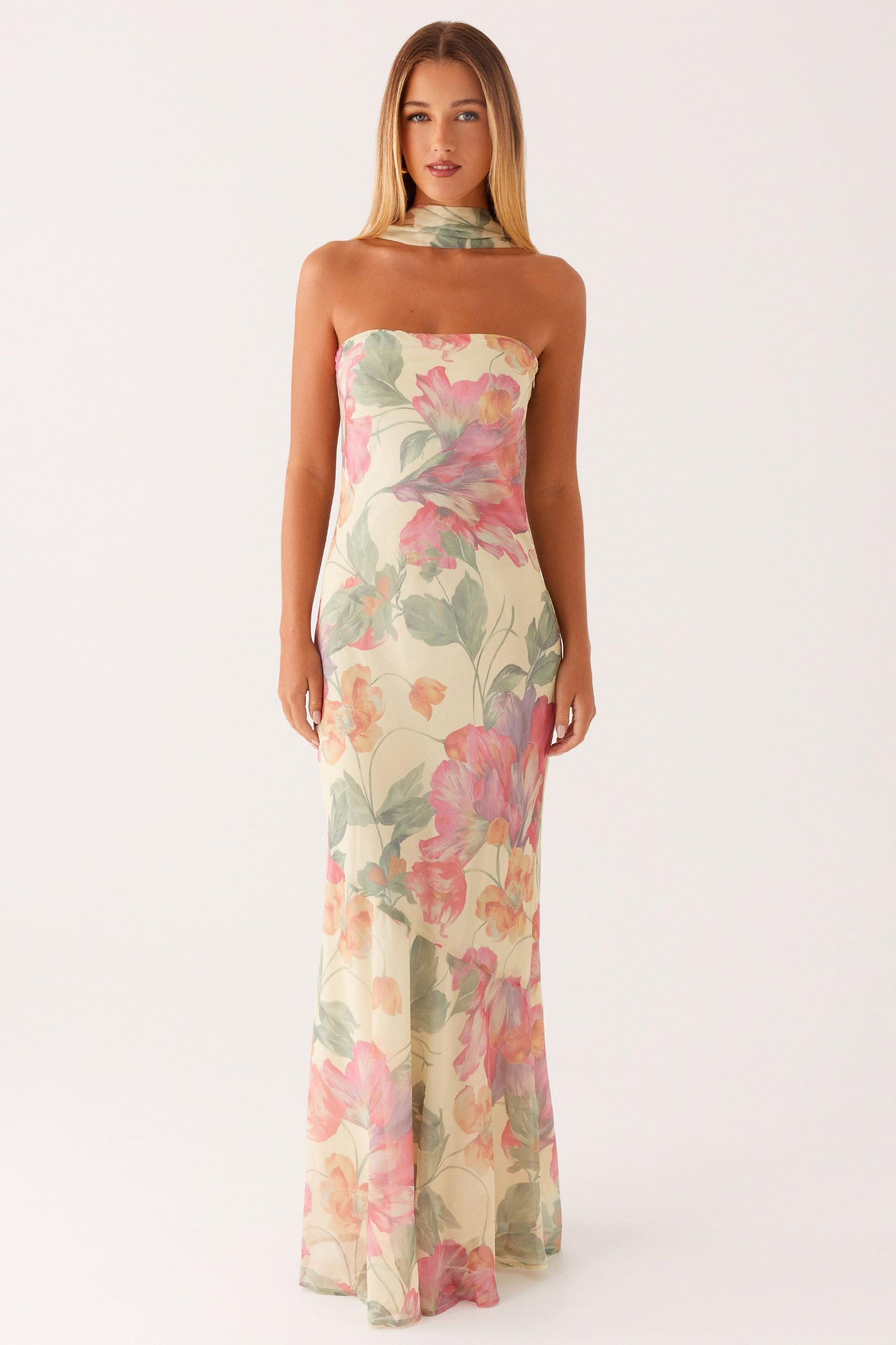 Floral Chiffon Strapless Maxi Dress