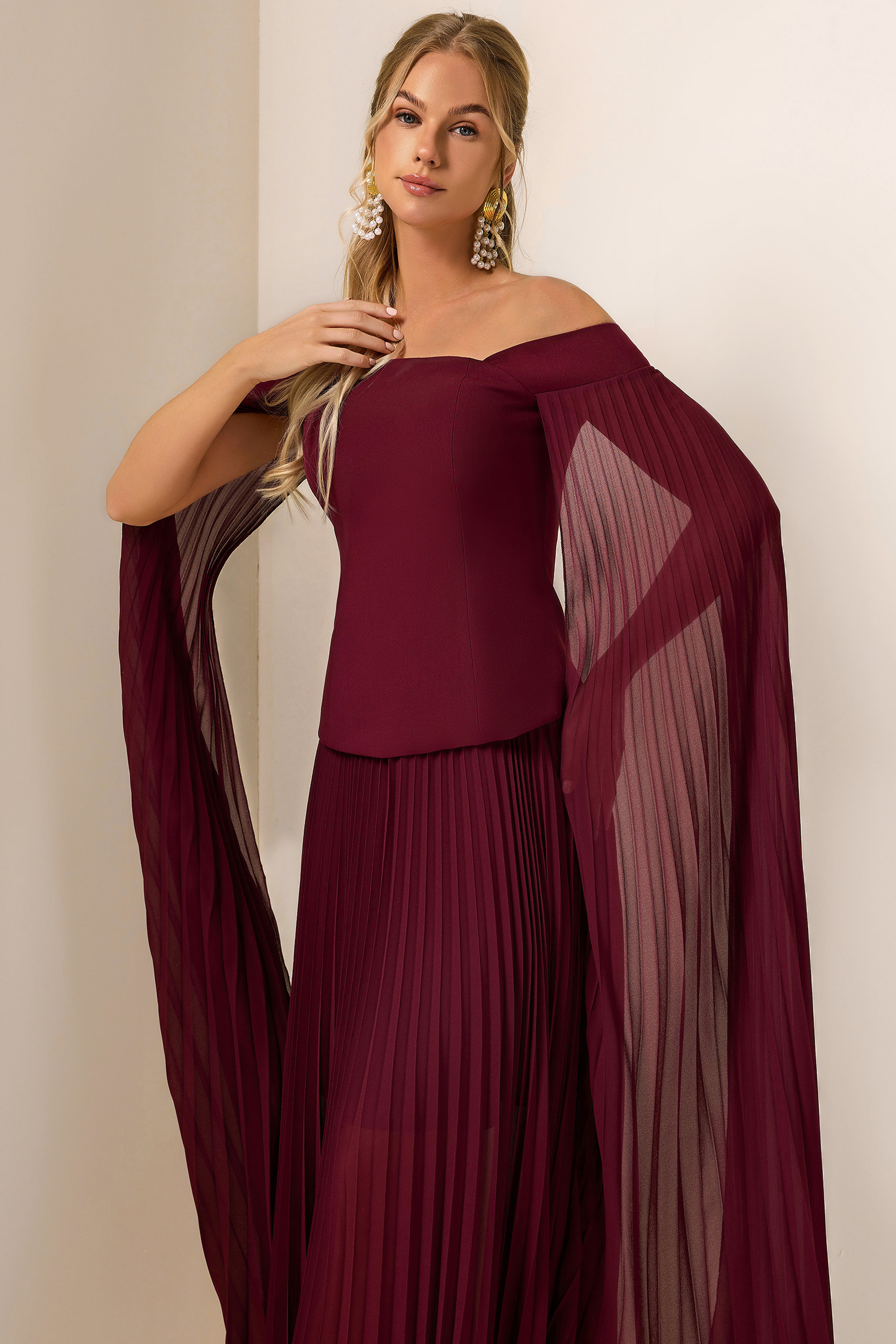 Solid Cape Sleeve Top & Pleat  Maxi Skirt Set