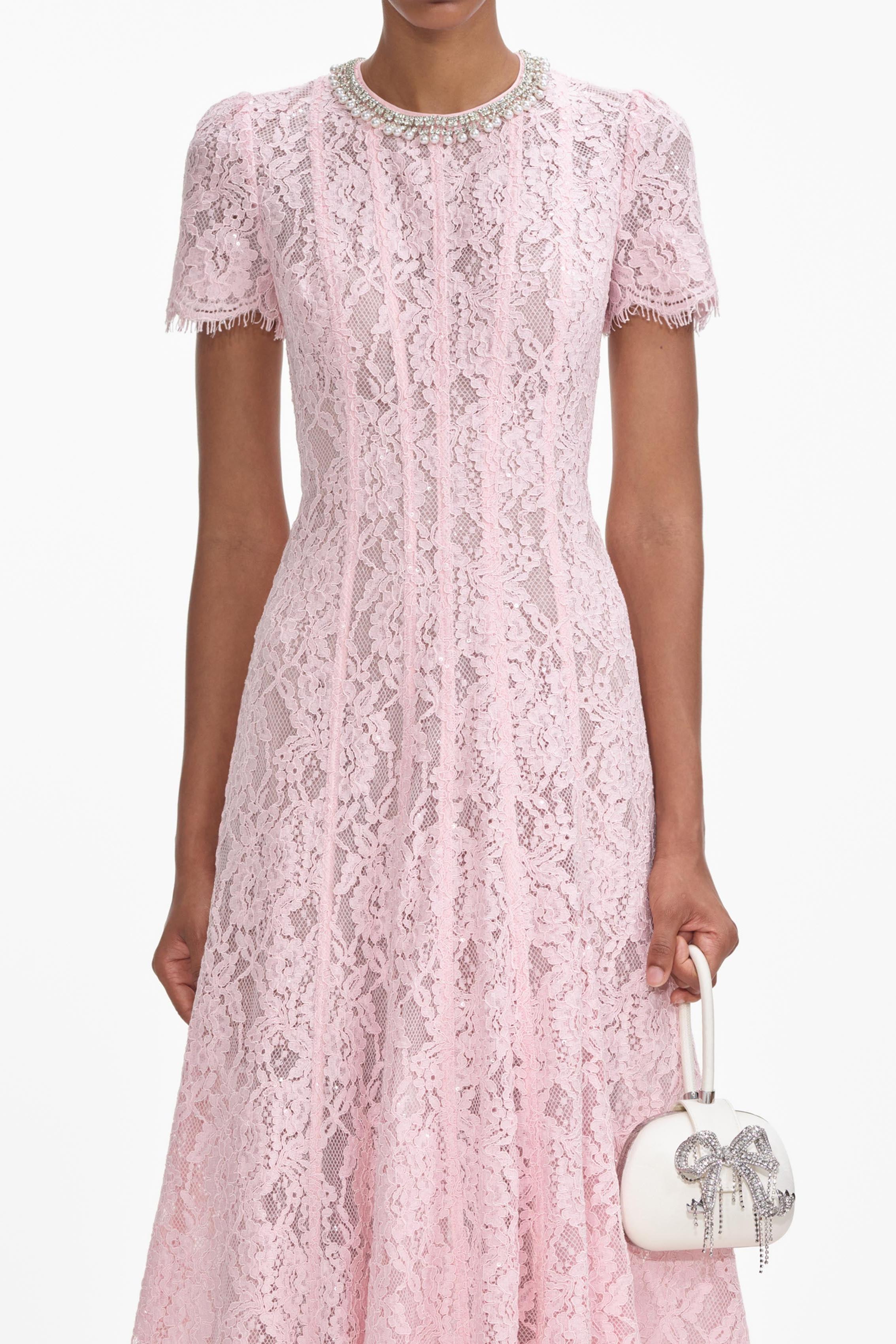 Rhinestone Faux Pearl Lace Midi Dress
