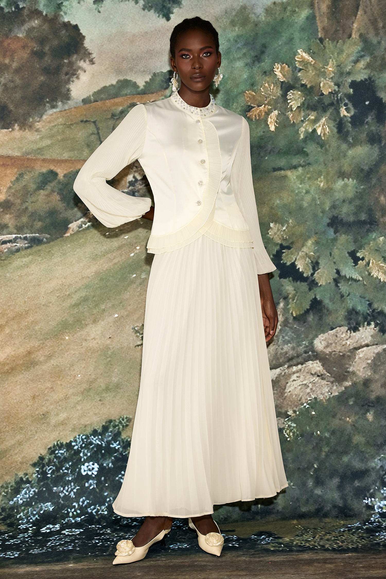 Chiffon Splicing Satin Top & High Waist Pleated Maxi Skirt Set