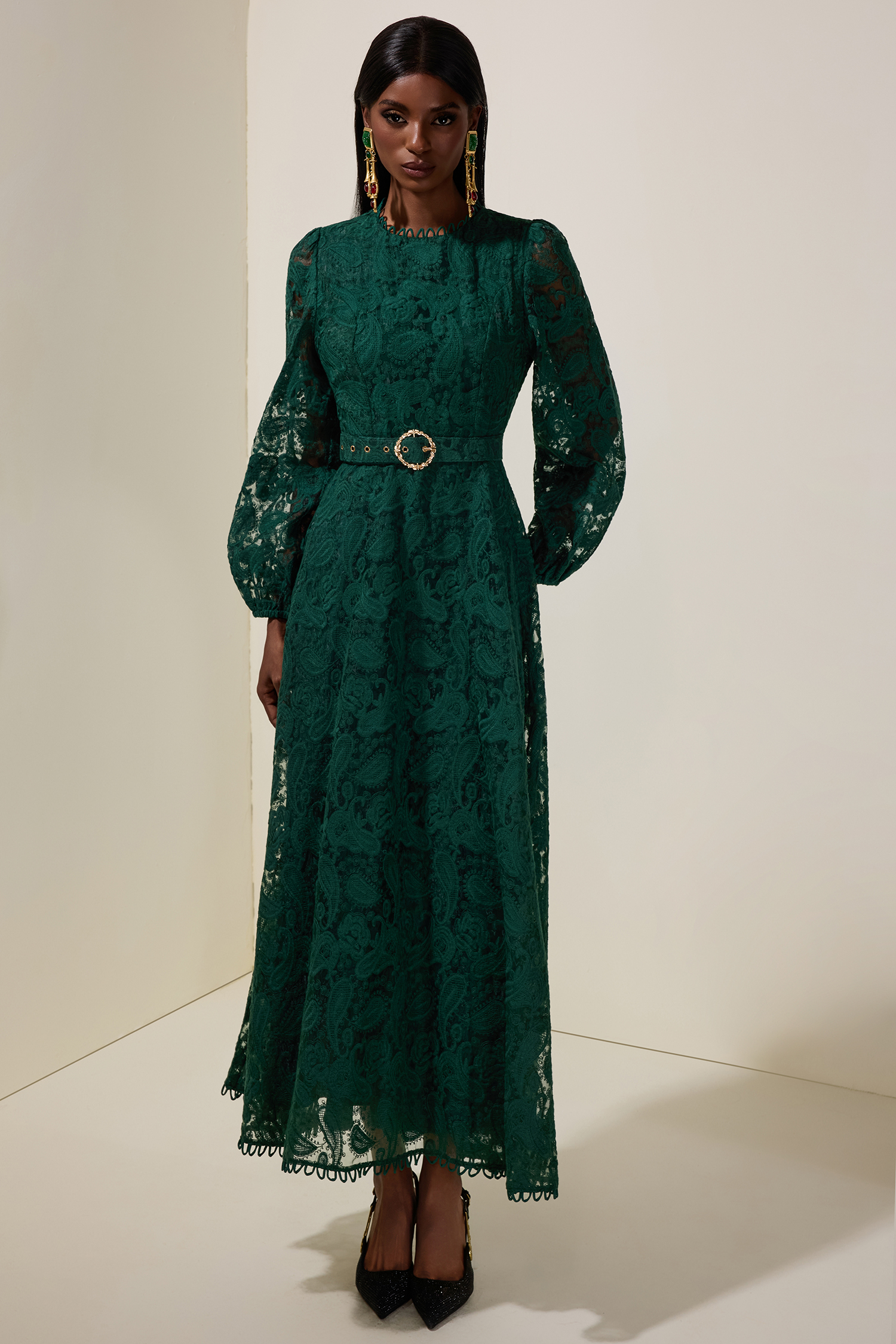 Lace Round Neck Midi Dress With Belt