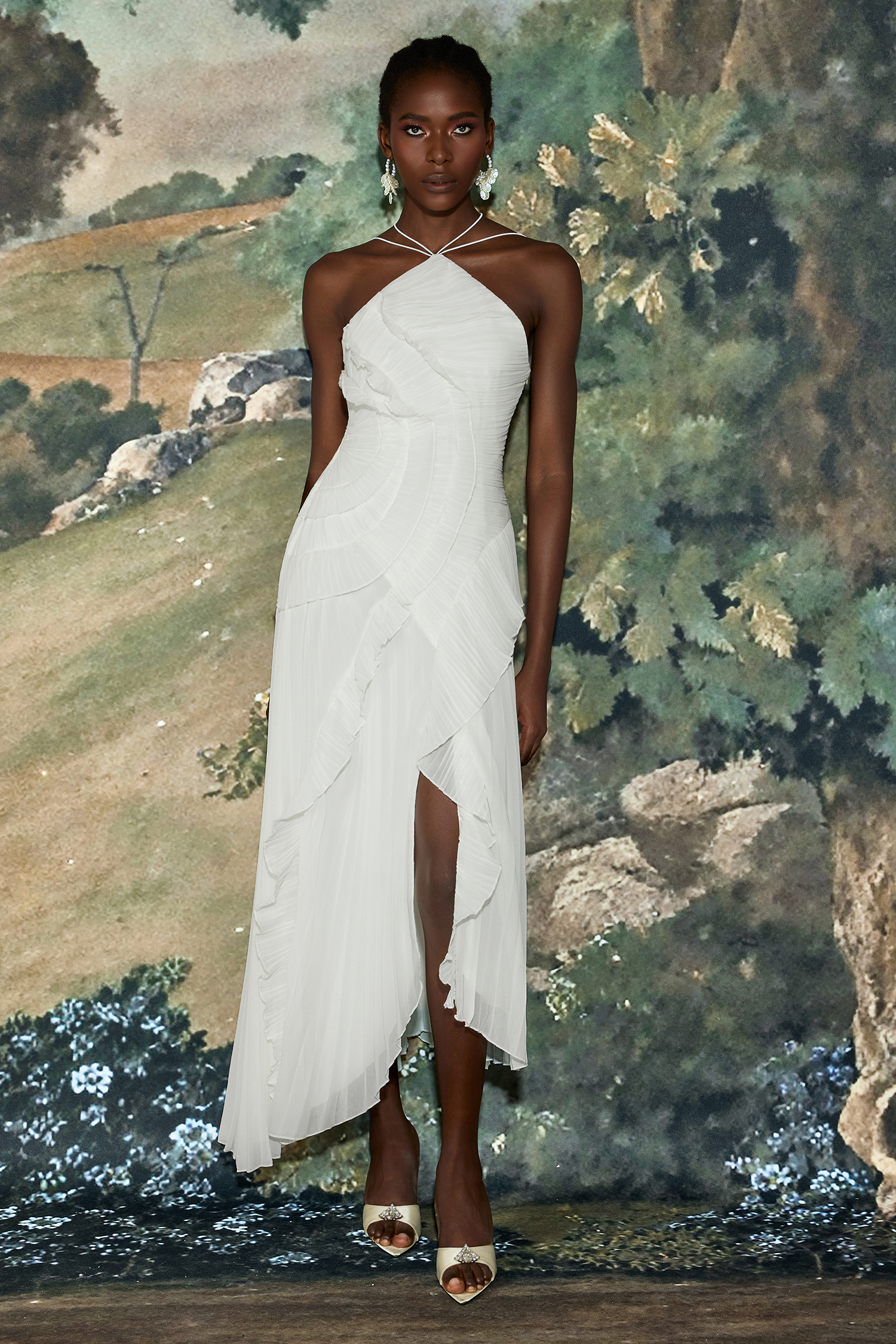 Pleated Frill Halter Neck Midi Dress