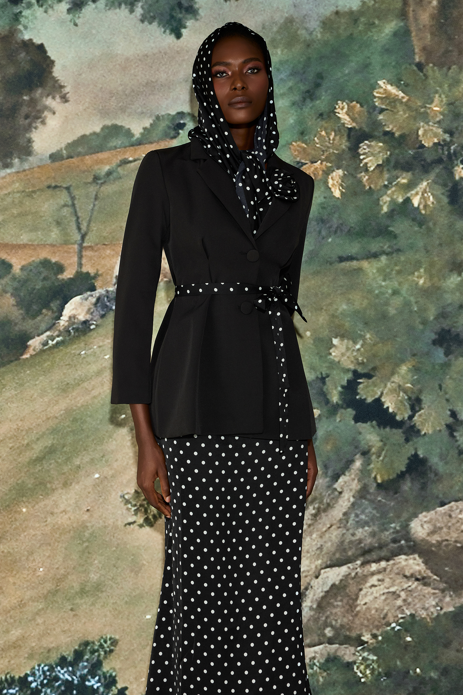 3D Flower Kerchief Blazer & Dots Midi Skirt Set