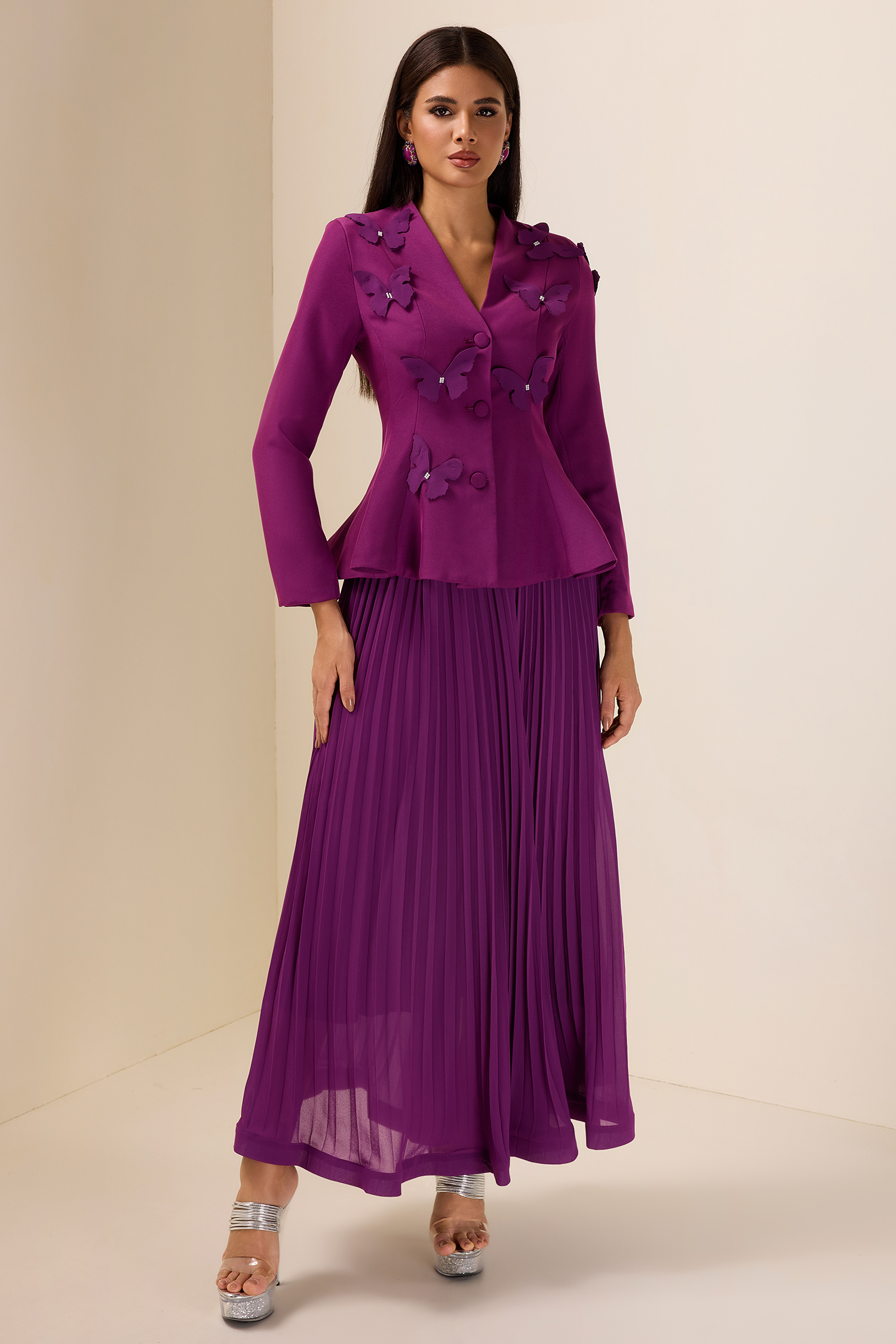 3D Butterfly Blazer & Pleated Midi Skirt Set