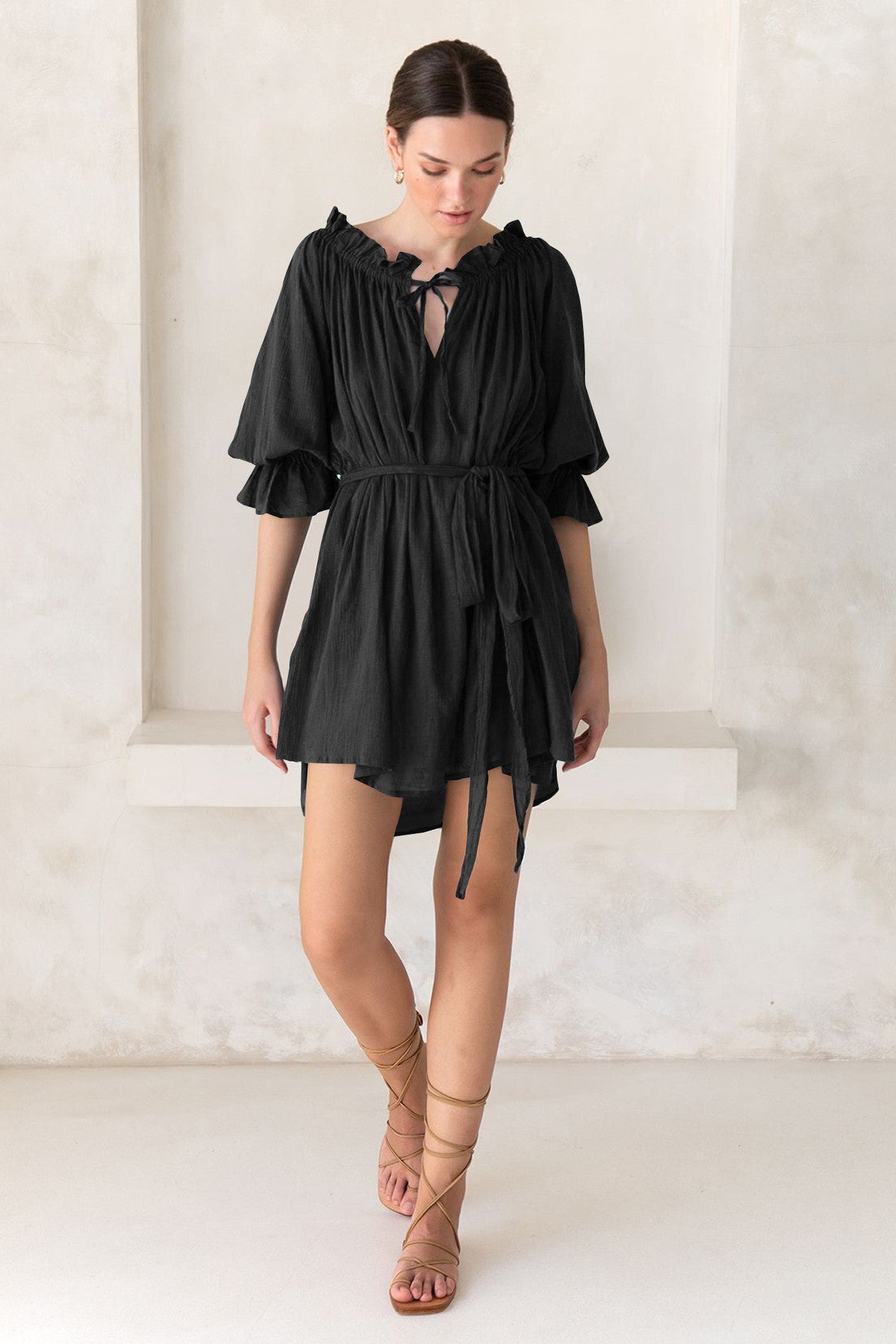 Off-Shoulder Lace Up Puff Sleeve Ruched Mini Dress