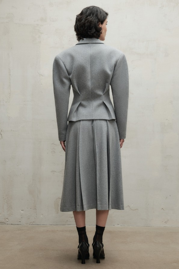 Woolen Flapped  Blazer & High Waist Midi Skirt Set