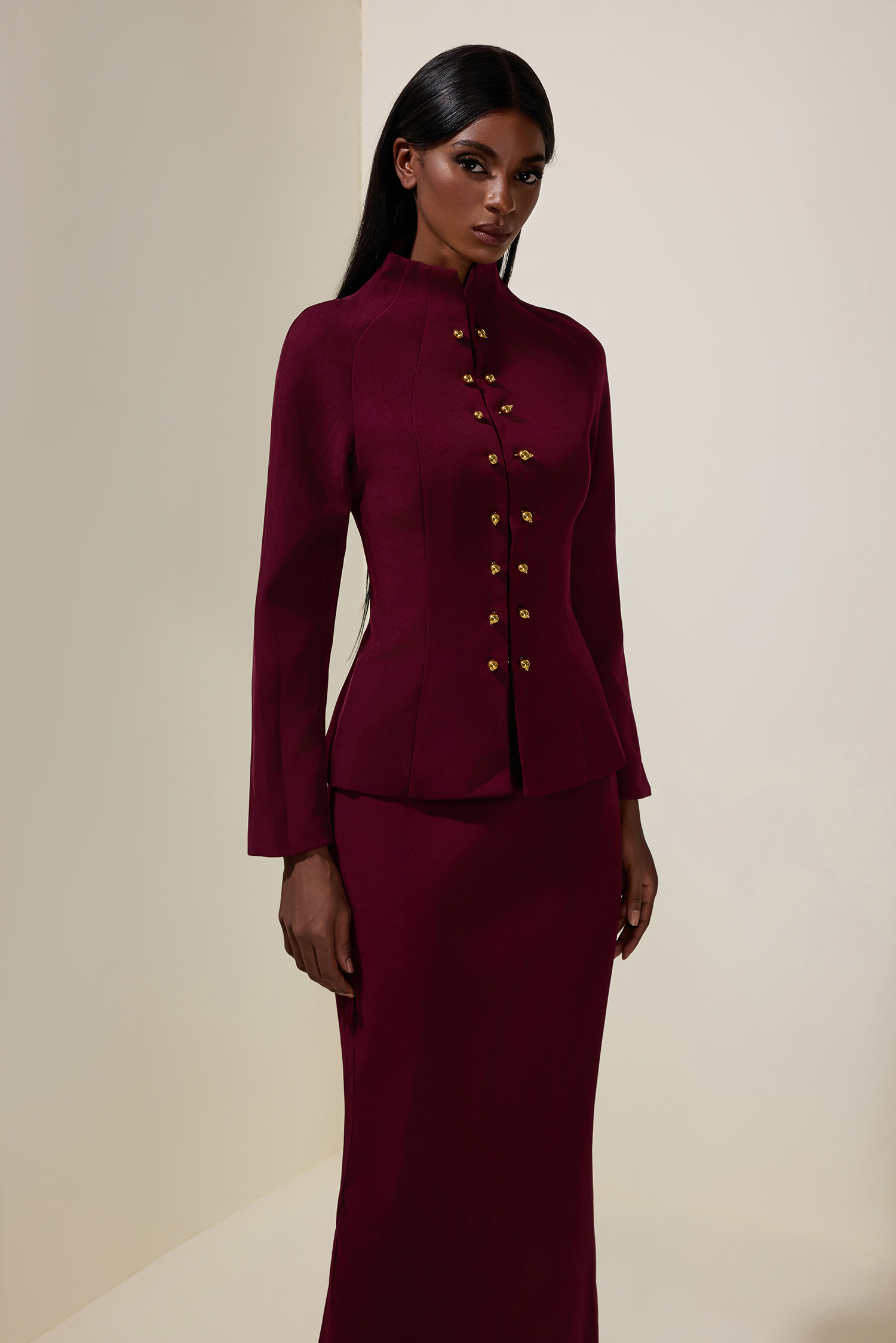 Metal Button Stand Collar Top & Mid Waist Midi Skirt Set