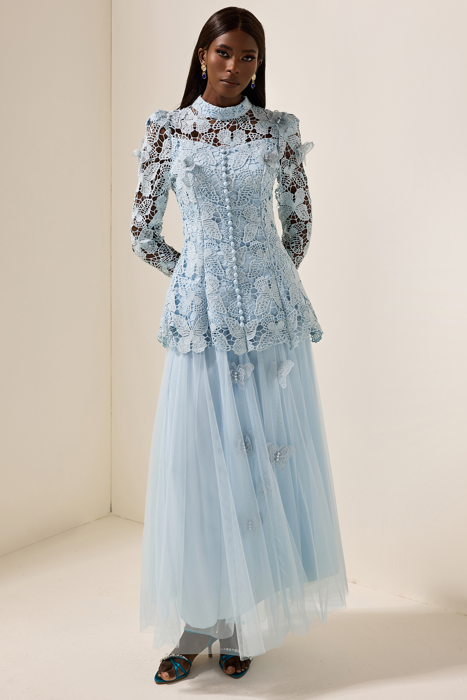 Embroidery Solid Top & Mesh Midi Skirt Set